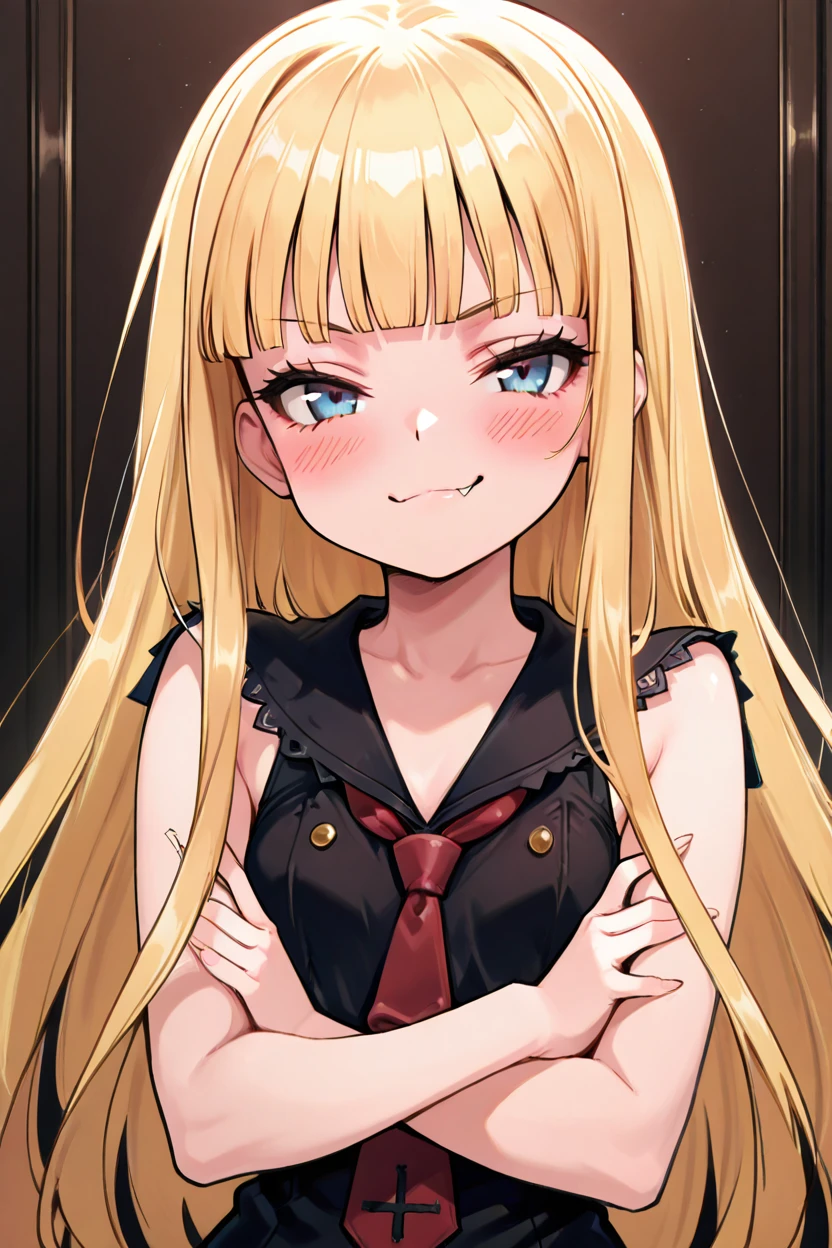 masterpiece, best quality, 1girl, solo, eyelashes, (beautiful eyes), zzEvangeline, blue eyes, blonde hair, long hair, blunt bangs, blush, smile, red necktie, fang, crossed arms, upper body, smile, smug, <lora:EvangelineMcdowellIXL:1.0>,