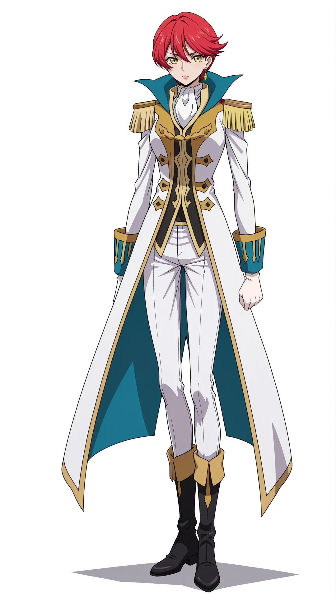<lora:Narah_Vaughn:1>,narah vaughn,solo,gloves,epaulettes,1girl,boots,red hair,short hair,white background,white gloves,black footwear,yellow eyes,pants,simple background,white pants,full body,