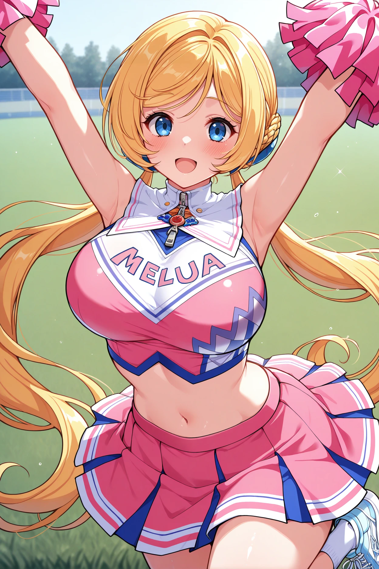 masterpiece, best quality, 1girl, solo, <lora:srwmelua-illu-nvwls-v1-000006:1> meluamelnameia, blonde hair, french braid, low twintails, very long hair, large breasts, blue eyes, hair ornament, pink crop top, pink skirt, cheerleader, holding pom poms, open mouth, blush, happy, arm up, field, sneakers, looking at viewer