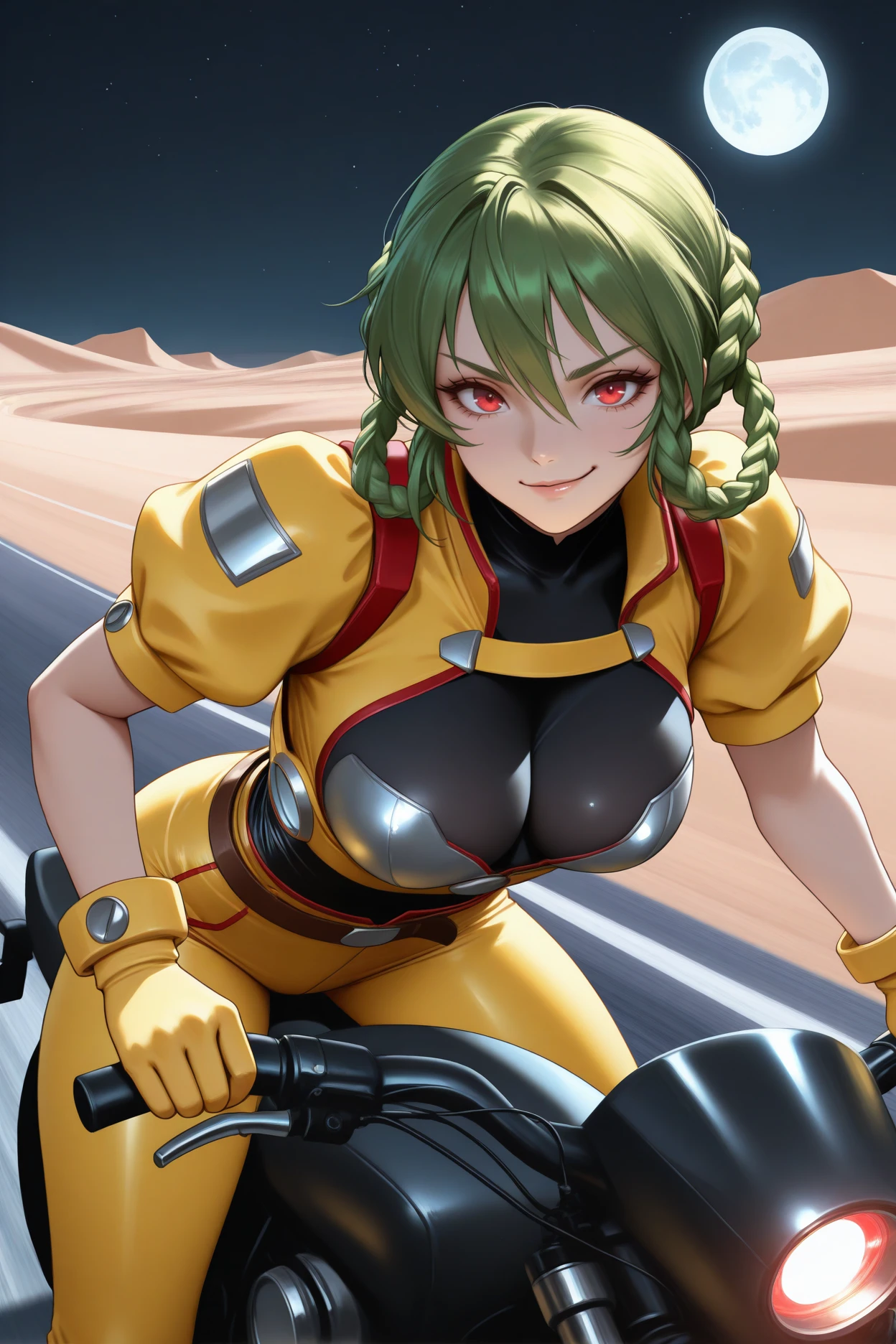 masterpiece, best quality, 1girl, solo, <lora:srtmina-illu-nvwls-v1-000006:1> srtmna, braided hair rings, green hair, red eyes, black bodysuit, yellow pilot suit, puffy short sleeves, yellow gloves, belt, yellow pants, looking at viewer, riding motorcycle, night, road, smirk, dynamic pose, night sky, desert, headlight, moon, highway, holding handlebars, leaning forward