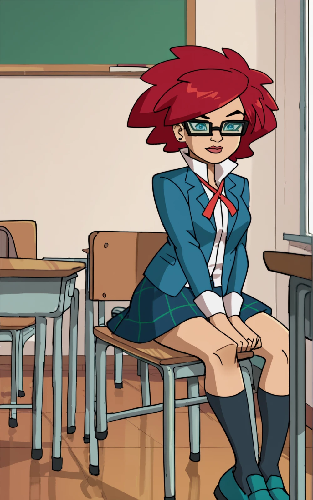 Twintail, red haired, 1girl, (grey eyes1.2), well toned, well built, muscled, toned muscles, (masterpiece), best quality, highres, solo, ribbon, blue ribbon, hair ribbon, suit, skirt, long sleeves, smiling, indoors, classroom background, standing, looking at the viewer, , (showing sweating naked pussy:1.5)、 sitting, spread legs unbuttoned uniform, lingerie, visible bra, lifted skirt, sweating, blushing, aroused, luquid dripping from her vagina, exhaling steamy air, (touching her pussy:1.2)