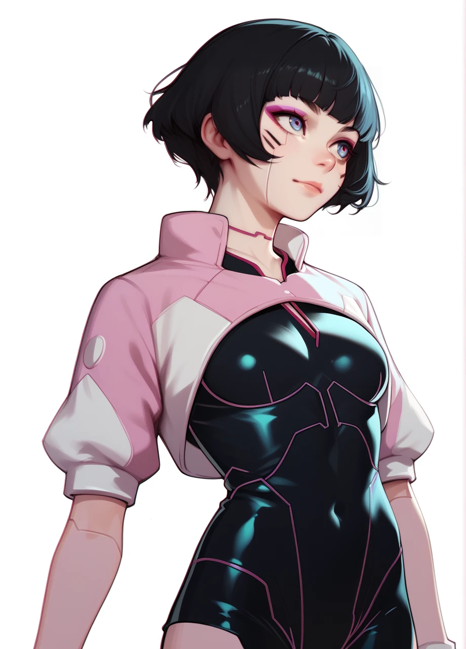 <lora:CPER_Sasha-PONY:0.8> 1girl, solo, cpsasha, black bodysuit, makeup, android, cropped jacket, gloves, short hair, black hair, multicolored eyes, white background, cowboy shot, score_8_up, score_7_up, score_6_up, score_5_up, score_4_up,