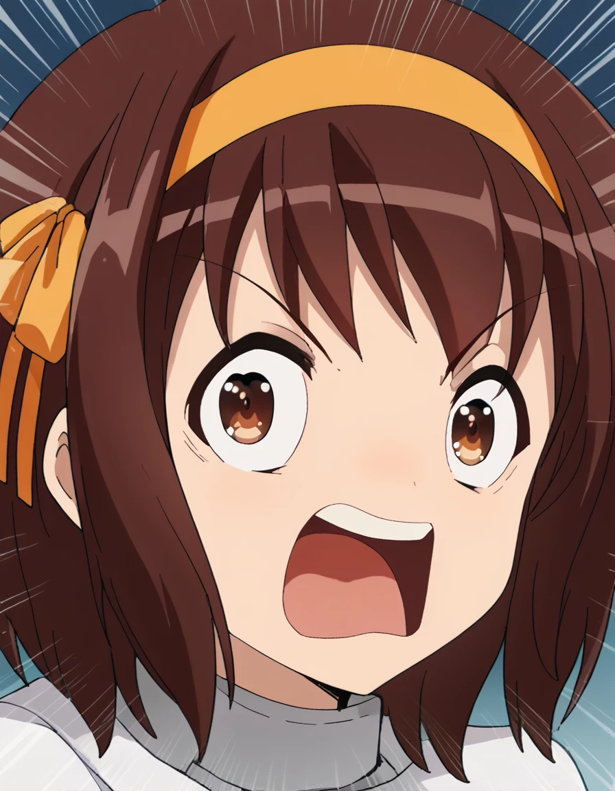 score_9, score_8_up, score_7_up, source_anime, <lora:haruhi-suzumiya-s1-ponyxl-lora-nochekaiser:1>, haruhi suzumiya, short hair, brown hair, brown eyes, hairband, medium hair, ribbon, hair ribbon,, <lora:agemasen-ponyxl-lora-nochekaiser:1>, agemasen, agemasen! (meme), emphasis lines, looking at viewer, meme, open mouth, upper teeth only, ,