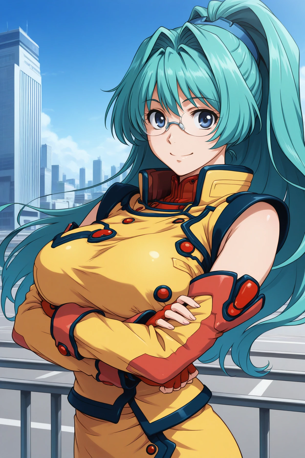 masterpiece, best quality, 1girl, solo,   <lora:srtangelica-illu-nvwls-v1-000005:1> srtagc, aqua hair, hair intakes, high ponytail, long hair, blue eyes, glasses, turtleneck, yellow uniform, sleeveless shirt, yellow skirt, red gloves, fingerless gloves, detached sleeves, looking at viewer, smile, large breasts, upper body, looking at viewer, smile, happy, crossed arms, blue sky, city, runway