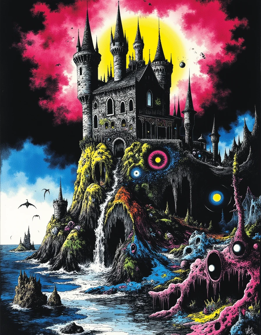 cr3z1h0rr0r a castle over a rock in a stormy sea
<lora:Crazy_Horror:0.7>