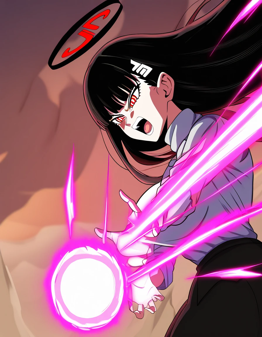 masterpiece, best quality, newest, absurdres, highres, safe,, <lora:rio-tsukatsuki-ponyxl-lora-nochekaiser:1>, rio, black hair, red eyes, hair ornament, hairclip, halo, long hair, white pupils, large breasts, <lora:kamehameha-illustriousxl-lora-nochekaiser:1>, kamehameha, kamehameha (dragon ball), open mouth, outstrecthed arms, torn clothes, shouting, from side, energy, energy ball, outdoors, wasteland, cowboy shot,