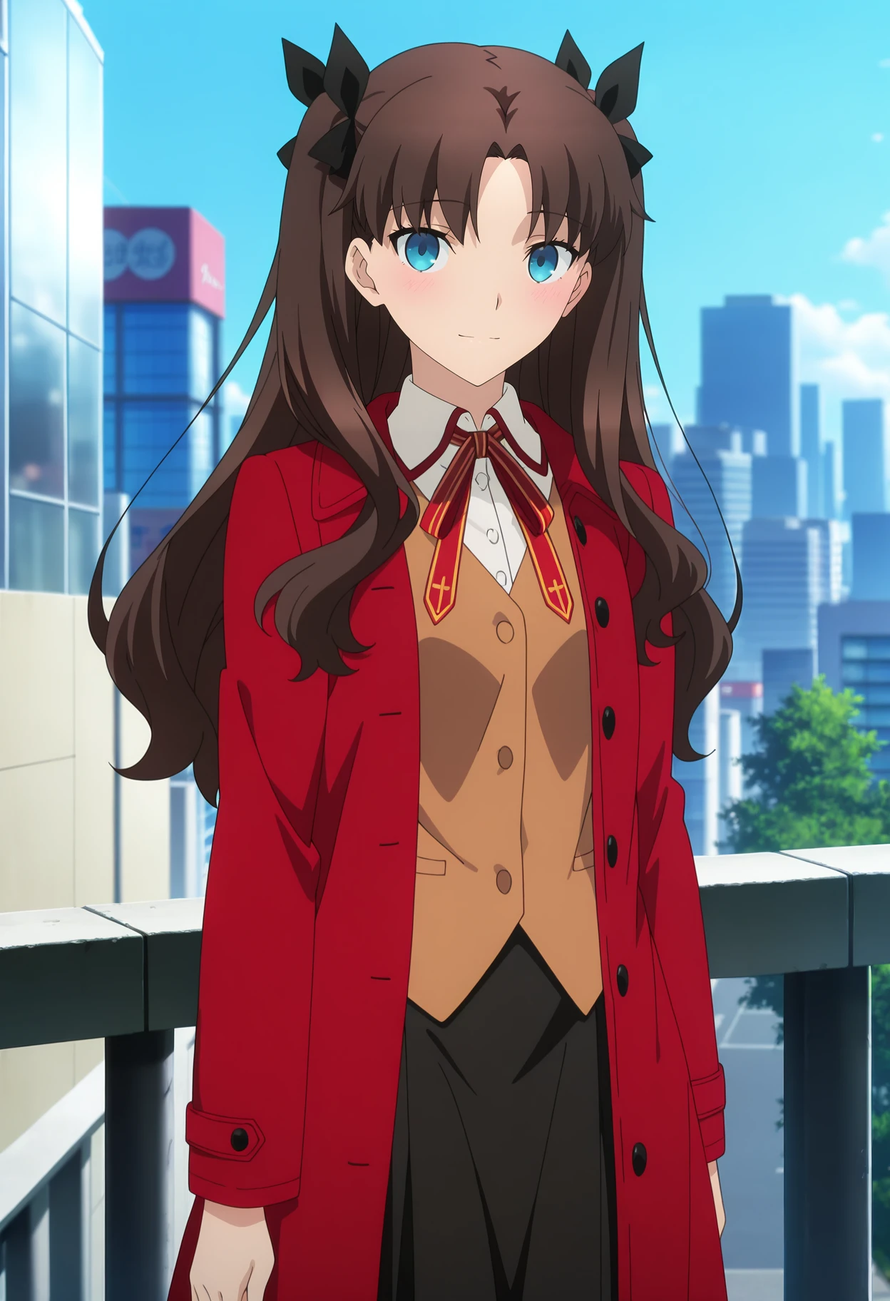 anime screencap, masterpiece, best quality,
<lora:FateStayNightUBW_TohsakaRin_IlluXL:0.9>,
1girl, solo, light smile, blush,
brown hair, two side up, parted bangs, blue eyes, hair ribbon, black ribbon,
RinSchoolOutdoors, red coat, open coat, long sleeves, white shirt, collared shirt, neck ribbon, red ribbon, buttons, brown vest, black skirt, long skirt,
looking at viewer, cowboy shot,
outdoors, city, day