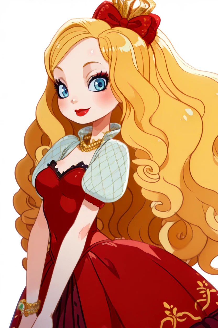 masterpiece, best quality, curvy, beautiful eyes, zzAppleW, blue eyes, blonde hair, curly hair, wavy hair, long hair, jewelry, makeup, lipstick, red lips, necklace, red dress, bow, puffy sleeves, <lora:AppleWhiteEAHIXL:1.0>, upper body, side view, smile, looking at viewer, shiny skin,<lora:HaradaTakehitoIXL_v3:1.3>, <lora:ZankuroIXLLight_v2:0.6>,