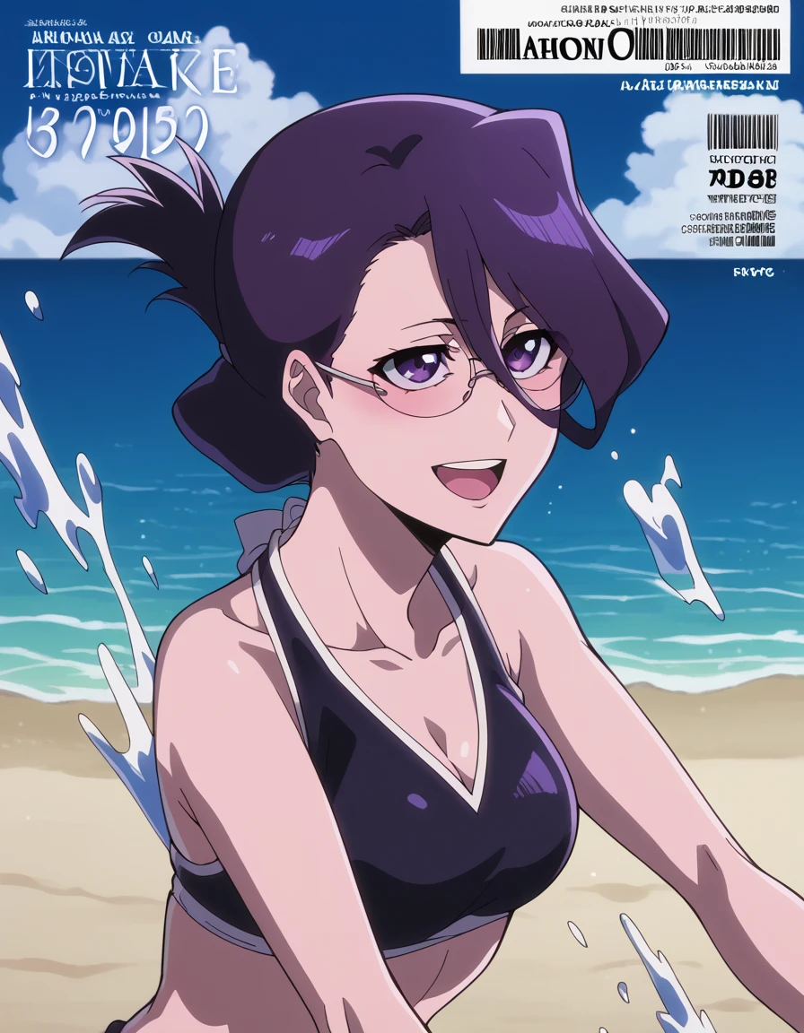 score_9, score_8_up, score_7_up, source_anime, <lora:nanao-ise-tybw-ponyxl-lora-nochekaiser:1>, nanao ise, short hair, purple eyes, black hair, glasses, folded ponytail, hair between eyes, mature female, medium breasts, anime screencap, <lora:magazine-cover-ponyxl-lora-nochekaiser:1>, magazine cover, fake magazine cover, cover, fake cover, price, cover page, text focus, barcode, content rating, dated,, beach, swimsuit, open mouth, splashing, smile, blush, bikini, navel, , cowboy shot, solo
