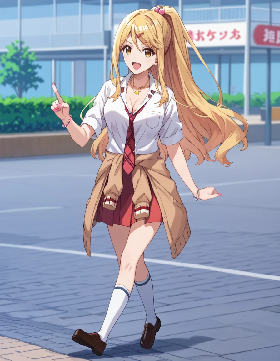 score_9, score_8_up, score_7_up, source_anime, BREAK
1girl, solo, blurry background, looking at viewer, full body, walking, open mouth, happy, pointing at viewer,
himari ishikura (kurakon), blonde hair, long hair, hair bobbles, ponytail, side swept bangs, hair between eyes, yellow eyes, red hairclip, sidelocks,
school uniform, collarbone, star necklace, brown cardigan, cleavage, white collared shirt, plaid necktie, loose necktie, breast pocket, short sleeves, bracelet, pink nail polish, cardigan around waist, red pleated skirt, white kneehighs, brown loafers,
<lora:himari_ishikura-kurakon_s1-anime-soralz:1>