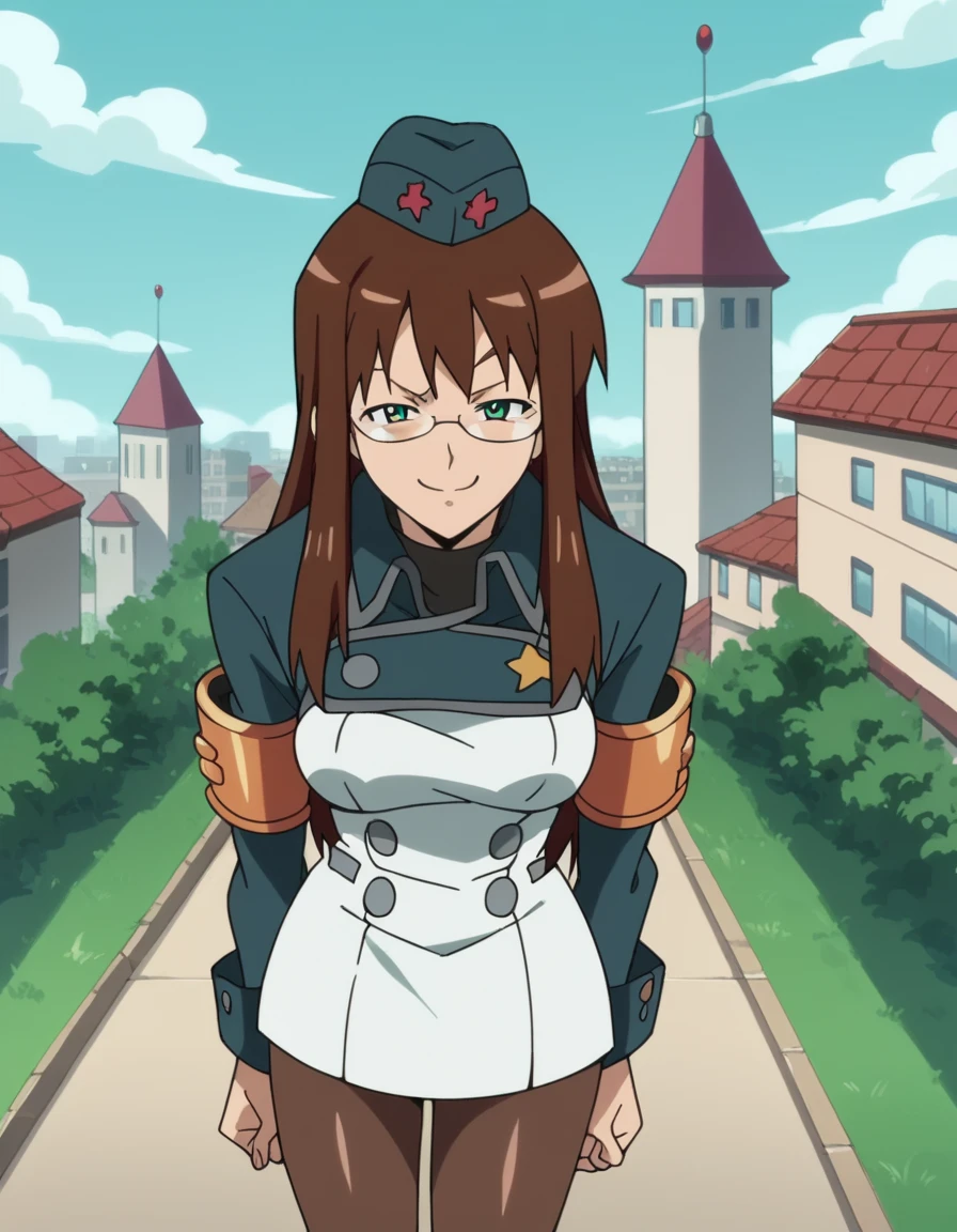 score_9, score_8_up, score_7_up, source_anime, <lora:kinon-bachika-s1-ponyxl-lora-nochekaiser:1>, kinon bachika, long hair, green eyes, brown hair, glasses, mature female, medium breasts, anime screencap, hat, pantyhose, uniform, arm band,, rooftop, view, height, buildings, sky, , smug, looking at viewer, solo,, cowboy shot, solo
