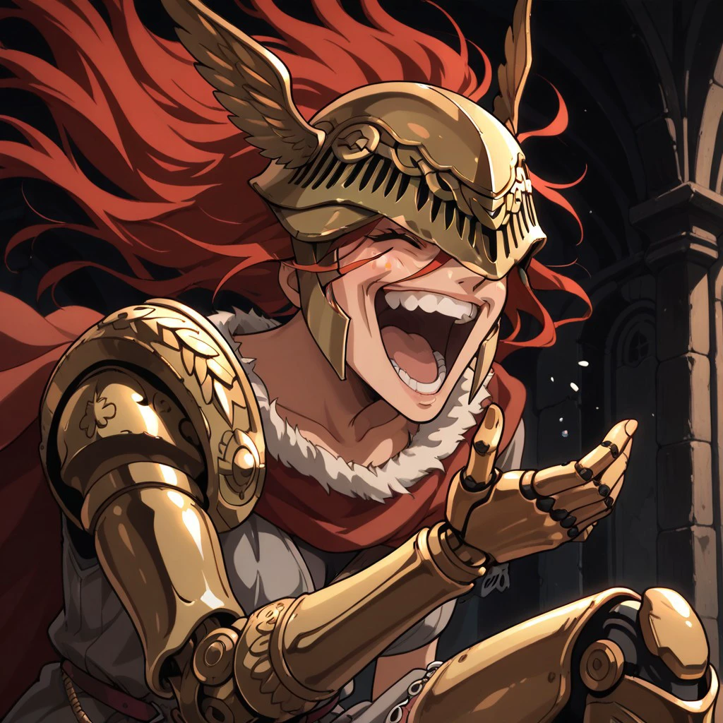 masterpiece, best quality, newest, absurdres, highres,  anime, anime style, vintage anime, 90s anime, YujiroLaughIL-V1.1 smile, teeth, grin, open mouth, laugh, 1girl, malenia blade of miquella, floating hair, red hair, long hair, prosthetic leg, armor, gold armor, winged helmet, armor, red cape, prosthetic arm, single mechanical arm,