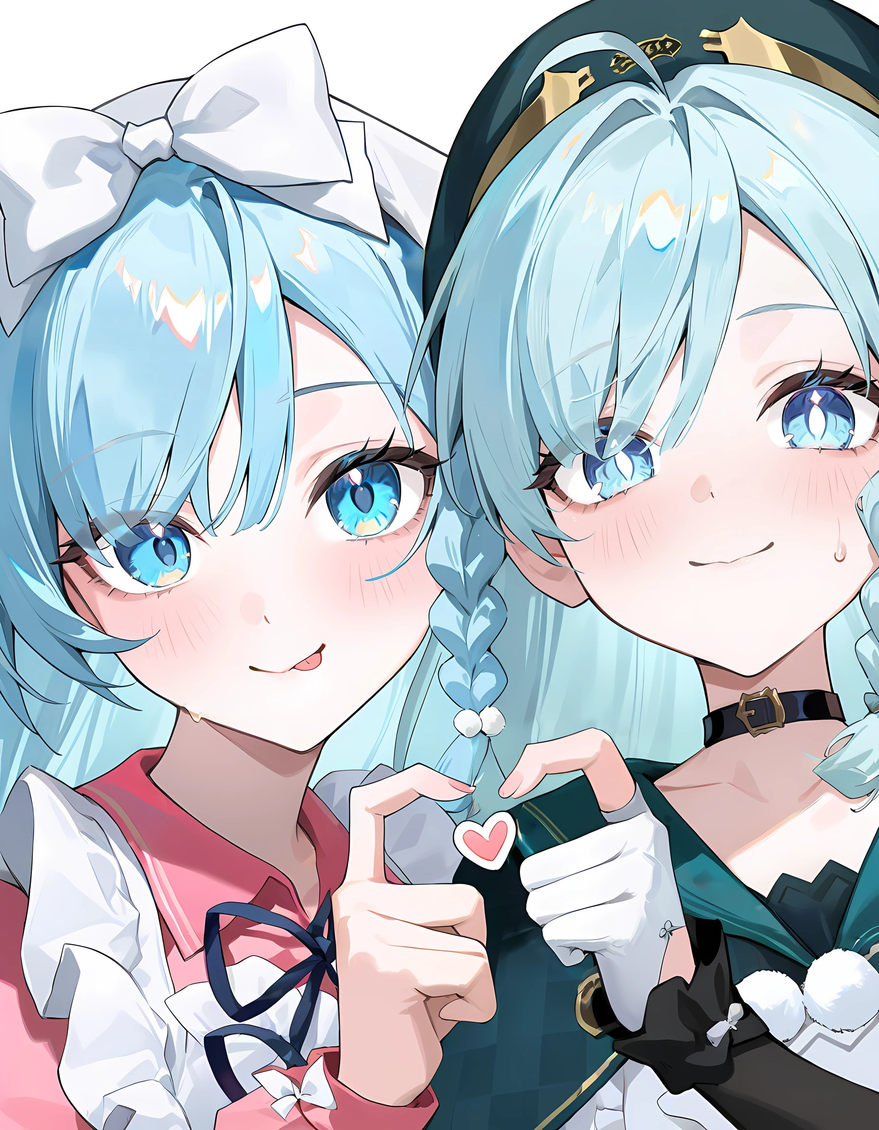 2girls,looking at viewer,simple background,white background,upper body,close-up,face-to-face,4-finger heart hands,multiple girls BREAK
yuebai01,long hair,braid,blue eyes,blue hair,gloves,white gloves,hat,choker,black choker,dress,white dress,bag,beret,capelet,elbow gloves BREAK
yuebai02,blue hair,long hair,blue eyes,braid,bow,white bow,pink shirt,apron,puffy sleeves BREAK
<lora:yuebai_noob:1>,masterpiece,best quality,very aesthetic,absurdres,