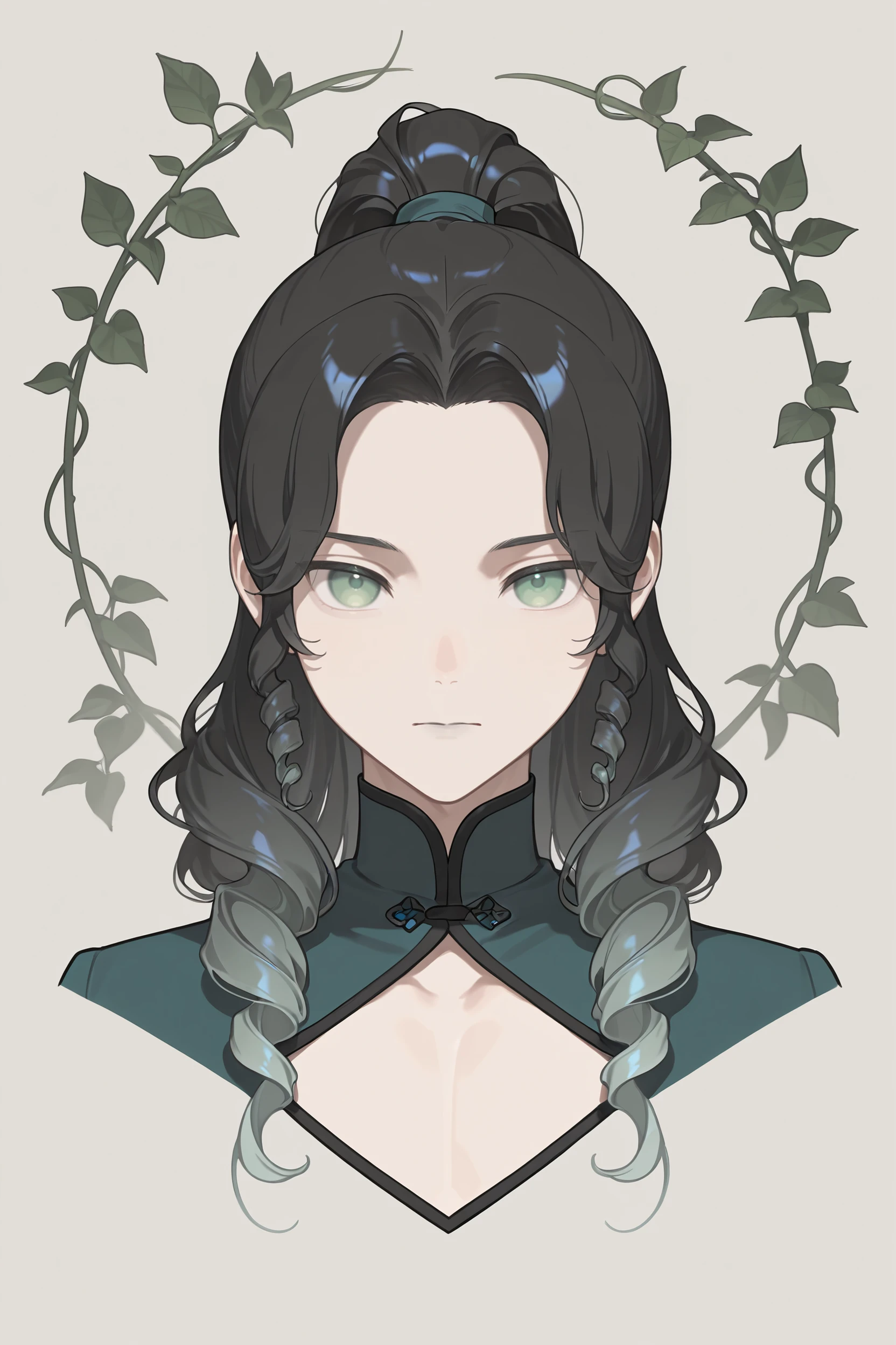 masterpiece, best quality, newest, absurdres, highres, 1boy, solo, bishounen,
<lora:MeiYaoLanIllustriousV1:1> meiyaolan, green eyes, black hair, long hair, twin drills, drill bangs, curly hair, ponytail, forehead,
blending, blue coat ,cleavage cutout,closed mouth,clothing cutout ,coat,
cropped shoulders ,flower ,gradient hair ,grey lips ,high collar ,leaf ,
limited palette ,looking at viewer,multicolored hair,plant ,portrait,silhouette ,
simple background,straight-on ,vines