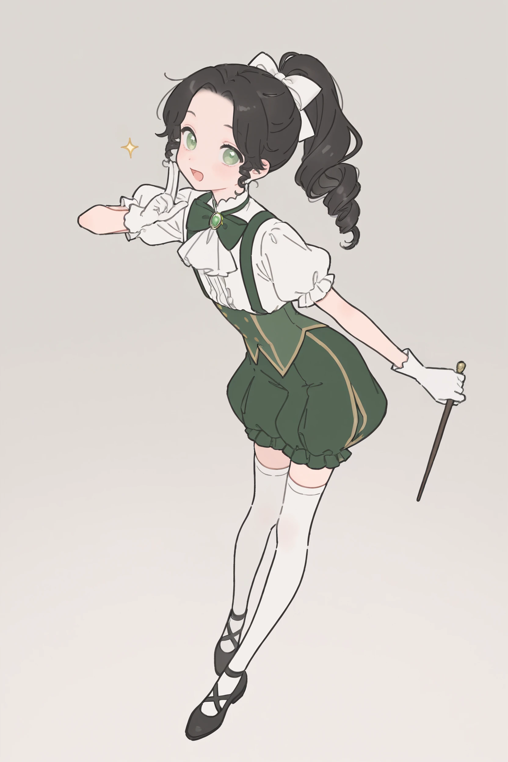 masterpiece, best quality, newest, absurdres, highres, 1boy, solo, bishounen,
<lora:MeiYaoLanIllustriousV1:1> meiyaolan, green eyes, black hair, long hair, twin drills, drill bangs, curly hair, ponytail, forehead,
rikuwo, <lora:RikuwoStyleIllustrious:1>
ascot, puffy shorts, frills, gloves, puffy short sleeves, white thighhighs, magical girl, holding wand , bow,
open mouth, looking at viewer, levitation, flying,
simple background, gradient background, sparkle,