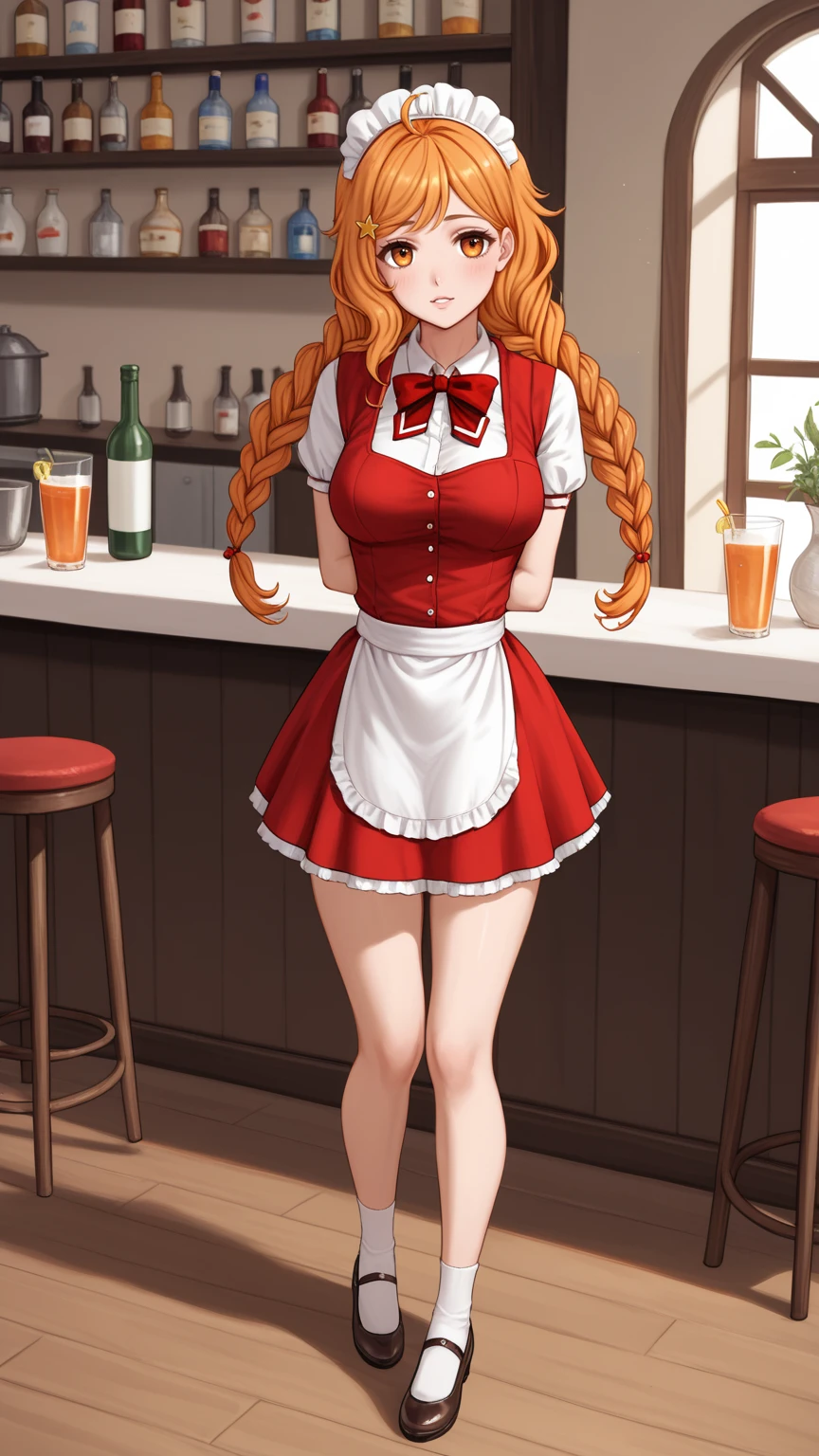 score_9, score_8_up, score_7_up, medium_breasts, large_breasts, full_body, height_159_cm, looking_at_viewer, (waitress:1.2), in_a_cozy_cafe,
1girl, 18_years_old, orange_eyes, brown_eyes, orange_hair, twin_braids, (long_braids:1.3), (long_hair:1.3), hair_ornament, (blush:0.7), (shy:0.7), parted_lips, 
<lora:lgg_olya_SEv2.0:0.75>, lgg_olya, person,