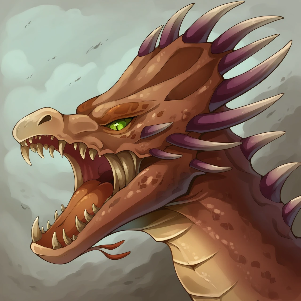 score_9, score_8_up, score_7_up, rustdragon, dragon, green eyes, spikes, open mouth, sharp teeth, close up, head and shoulders portrait, <lora:Might__Magic_Collection:0.8> inricate details, detailed, high quality artwork