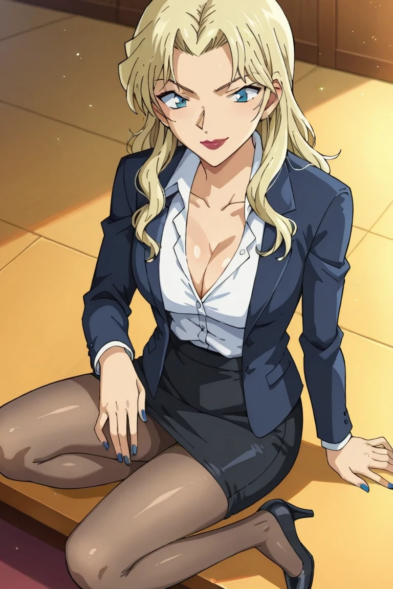blonde hair,blue_eyes,bob cut, blue_hairband,very_long_hair,floating_hair, blush, lipstick, masterpiece, best quality, highly detailed,breasts,skirt,cleavage,long hair,skirt
suit,suit,formal,jewelry,necklace,micro pencil skirt,jacket,smile,makeup,looking at viewer,business suit,
lipstick,office lady,mature female,micro miniskirt,indoor,office,office lady ,smile, open mouth, (nsfw) not
safe for work, holding a gun, evil expression, exposed belly, exposed navel, exposed midriff, exposed
lower belly