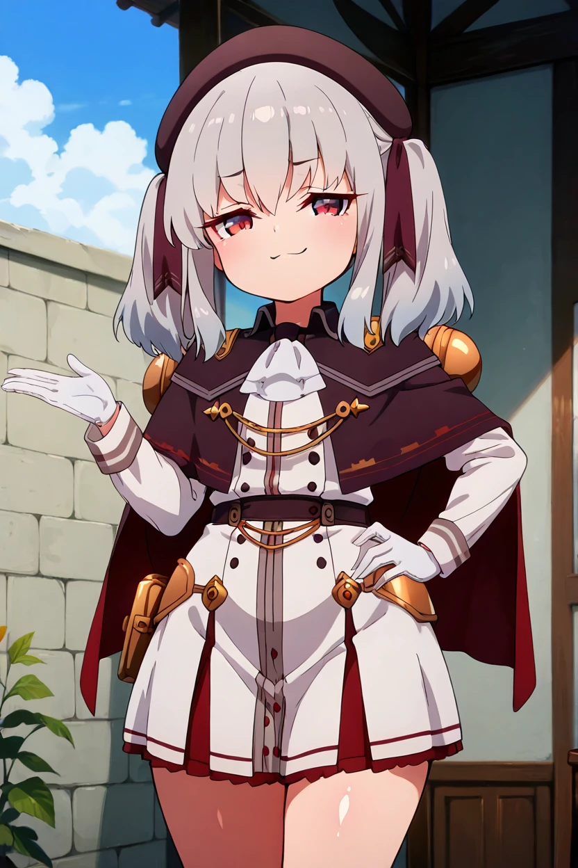 masterpiece, best quality, solo, curvy, beautiful eyes, zzRetzel, red eyes, grey hair, hair ribbon, long hair, medium hair, two side up, hair between eyes, twintails, beret, ribbon, black headwear, ascot, white gloves, shirt, <lora:Retzel_PrimaDoll_IXL:1.0>, cowboy shot, hand on hip, smug, smile, looking at viewer, shiny skin,