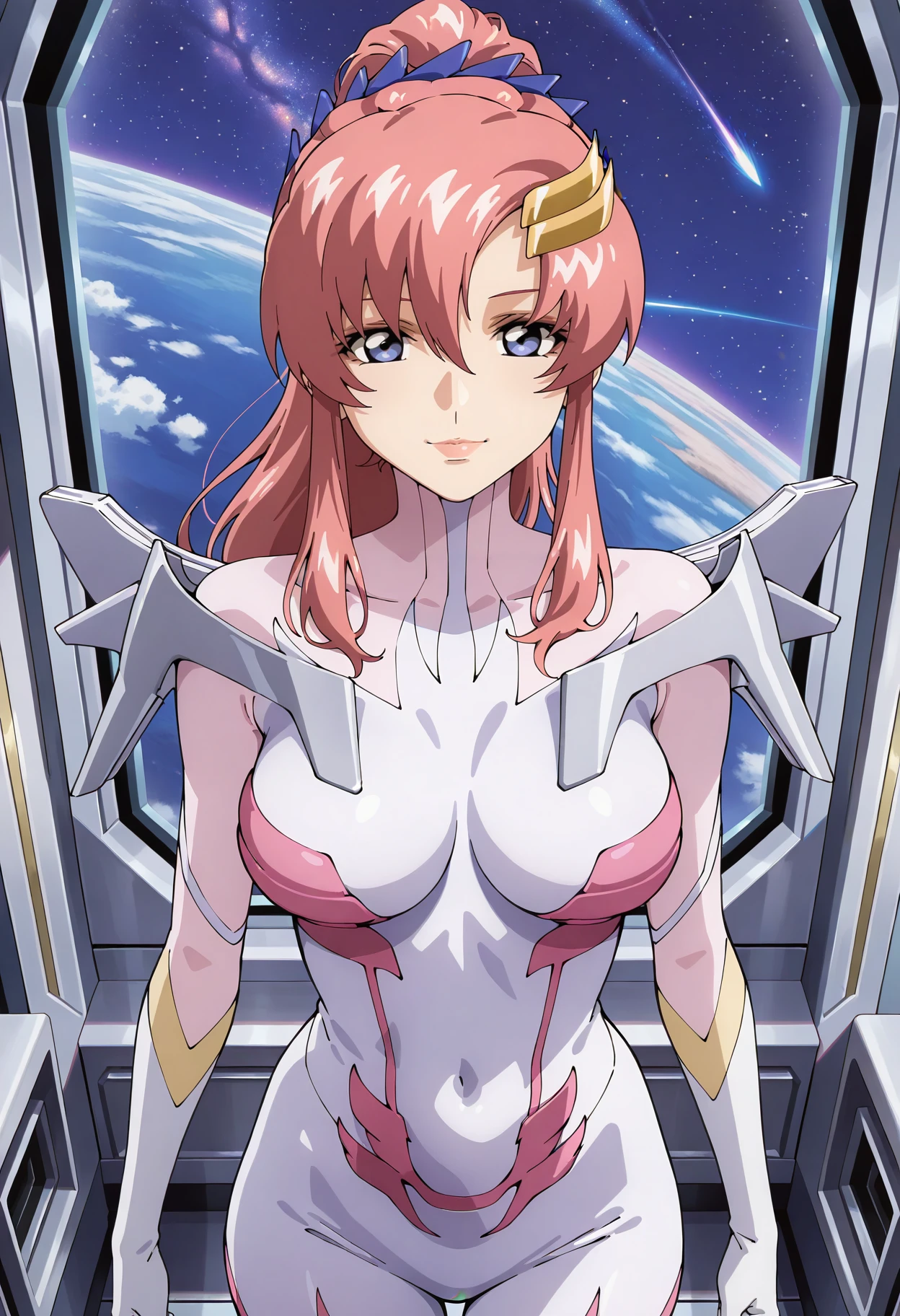 masterpiece,best quality,lacus_c, 1girl, anime coloring, solo, long hair, high ponytail, pink hair, hair ornament, hair between eyes, purple eyes, lipstick, lacus pilot suit, pink white , pilot gloves, shoulder armor, , covered navel,  half-closed eyes, light smile, closed mouth, looking at viewer,standing, spaceship interior, space,window,<lora:lacus_c_IL-300008:0.9>
