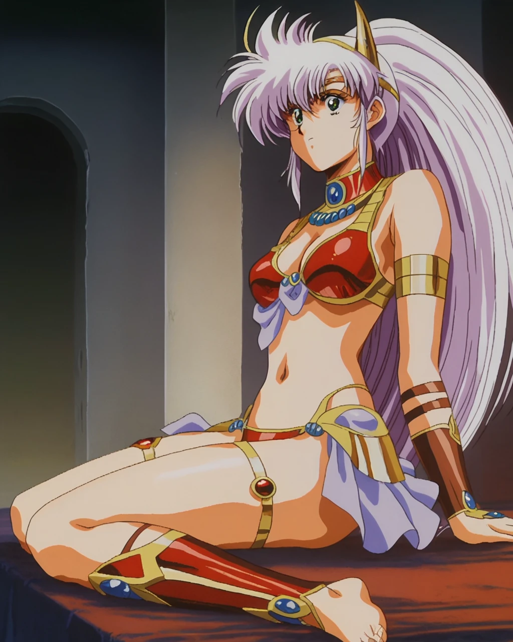 score_9, score_8_up, score_7_up,1girl, solo, lemnear_ba, 1girl, solo, lavender hair, bangs, long hair, ponytail, gold headband with horn, green eyes, red bikini armor top with lavender cloth, red chocker with gold trim, single gold armband, single arm cloth, bracers, red bikini armor bottom, lavender showgirl skirt, midriff, navel, cleavage, single red thigh band, red greaves, red toeless legwear, toes,official art <lora:10_Lemnear_pdxl:1>, indoors, dark hall
