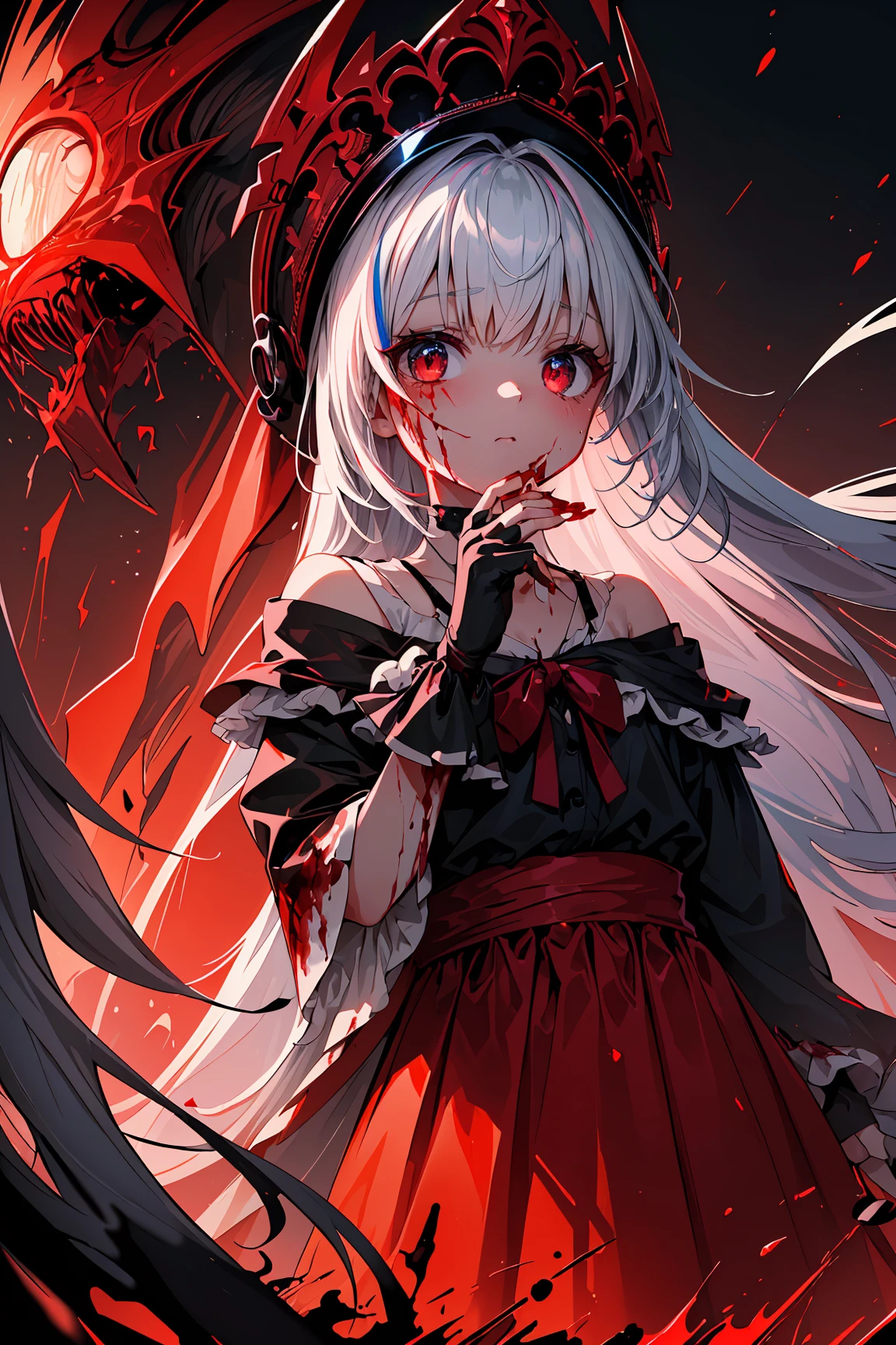 (dark bloody red theme:1.5),(exceptional, best aesthetic, new, newest, best quality, masterpiece, extremely detailed, bokeh, anime:1.2),1girl,solo,(badass,cold,vigilant:1.2),((Detailed)), ((Masterpiece)), ((Impressive)), ((Elegant)), ((Mind-blowing)), ((Phenomenal)), anime, Shojo, Romance, Drama, digital artwork, Digital masterpiece, Digital masterpiece, Digital illustration, neon light, Neon illumination, Electrifying light, Vibrant glow, 35mm, Panoramic view,Illustration,Cover,enigmatic figure,draped in translucent fabric,crystals adorning hair,dreamlike swirl,pastel hues,soft light,evoking calm serenity and elusive beauty,Non-representational,colors and shapes,expression of feelings,imaginative,highly detailed,fingerless_gloves,headwear,Pixar cartoon, hair_ornament, "MANDY" horror movie poster in the style of any Pixar movie poster, 1980s, cosmic ethereal scenery, cosmic horror, Nicolas Cage as Pixar character, dark rainbow theme, blood theme, horror_poster, shoulder_sash, (stylish_outfit:1.3), (streaked_hair:1.1), long_hair, (rainbow_eyes,multicolored_eyes:1.3), (detailed_eyes,looking_at_viewer:1.25), (from_side:0.95),(close-up:1.2),(hand_on_own_chin:1.3)