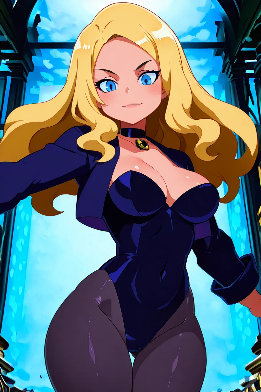 masterpiece, best quality, solo, curvy, beautiful eyes, BlkCanary, blue eyes, blonde hair, long hair, cleavage, open jacket, pantyhose, black choker, leotard, ,<lora:BlackCanaryJLUIXL:1.0>, dynamic pose, cowboy shot, smile, looking at viewer, shiny skin,<lora:HaradaTakehitoIXL_v3:1.3>, <lora:ZankuroIXLLight_v2:0.6>,