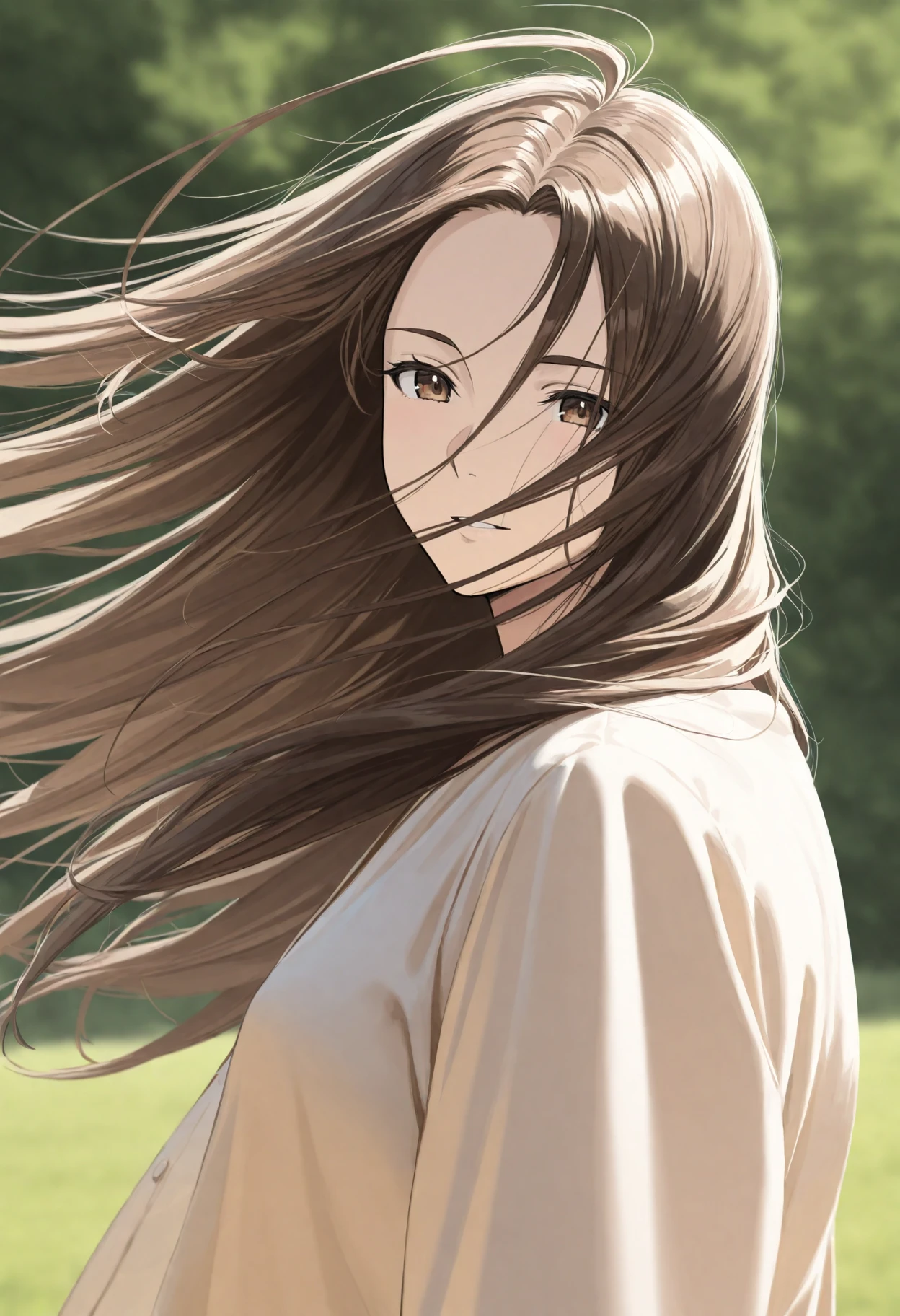 1girl, brown eyes, brown long hair, flowing hair, wind, best quality, masterpiece, <lora:HairFlowIllustrious:0.7>