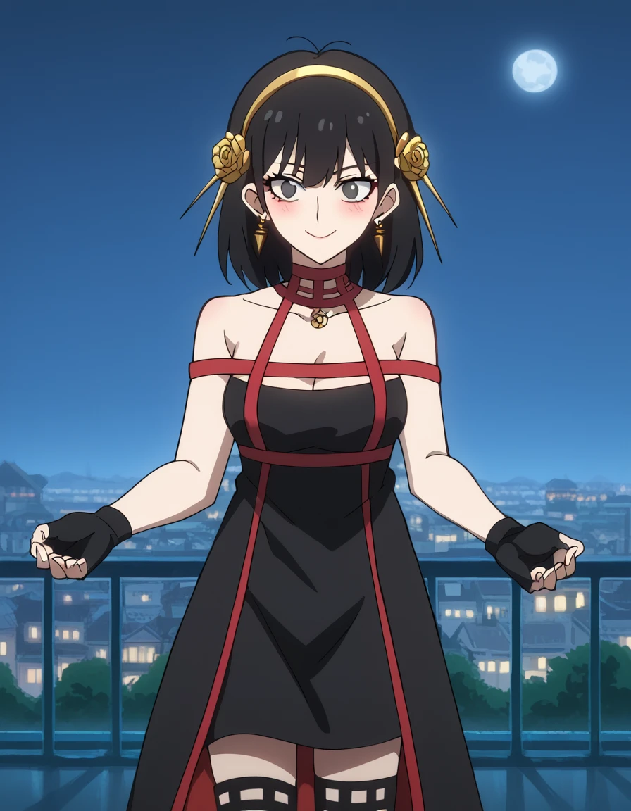 score_9, score_8_up, score_7_up, source_anime, <lora:ling-qiao-s2-ponyxl-lora-nochekaiser:1>, ling qiao, bangs, black hair, medium hair, black eyes, mature female, medium breasts, anime screencap, <lora:yor-briar-cosplay-ponyxl-lora-nochekaiser:1>, yorbriarcosplay, yor briar (cosplay), bare shoulders, black dress, black gloves, cleavage, dress, earrings, gloves, gold earrings, hair ornament, hair band, jewelry, bare shoulders, collarbone, fingerless gloves, thighhighs, black thighhighs,, cityscape, night, moon, blush, smile, , cowboy shot, solo