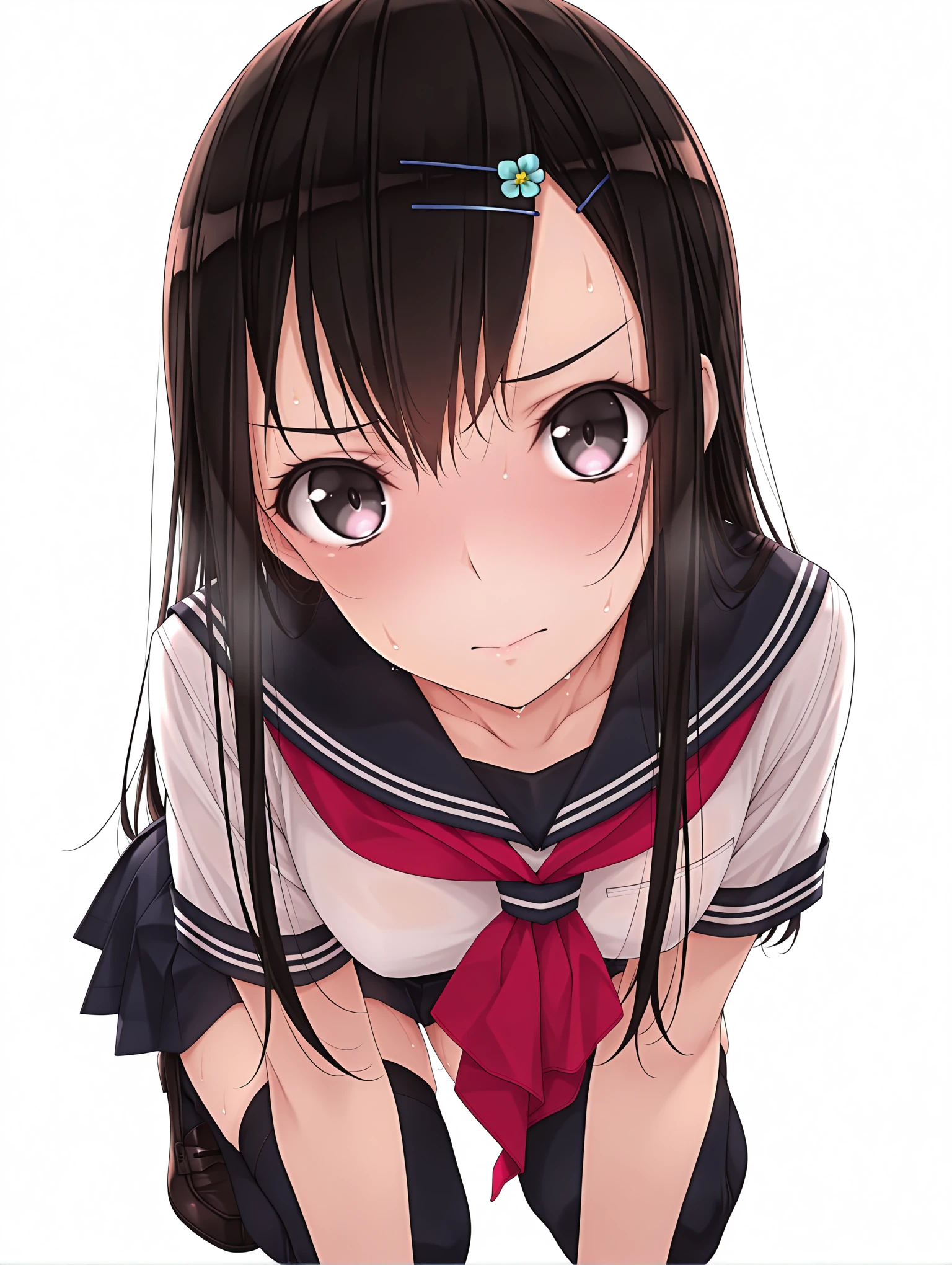 masterpiece,best quality,amazing quality,1girl,solo,
<lora:ikuta_risa_ilxl_v1>,risa,black eyes,r_clothes,
<lora:Fixhands_anime_bdsqlsz_V1:1>,white_background,simple_background,looking_at_viewer,squatting,looking_up,from_above,loafers,black_thighhighs,