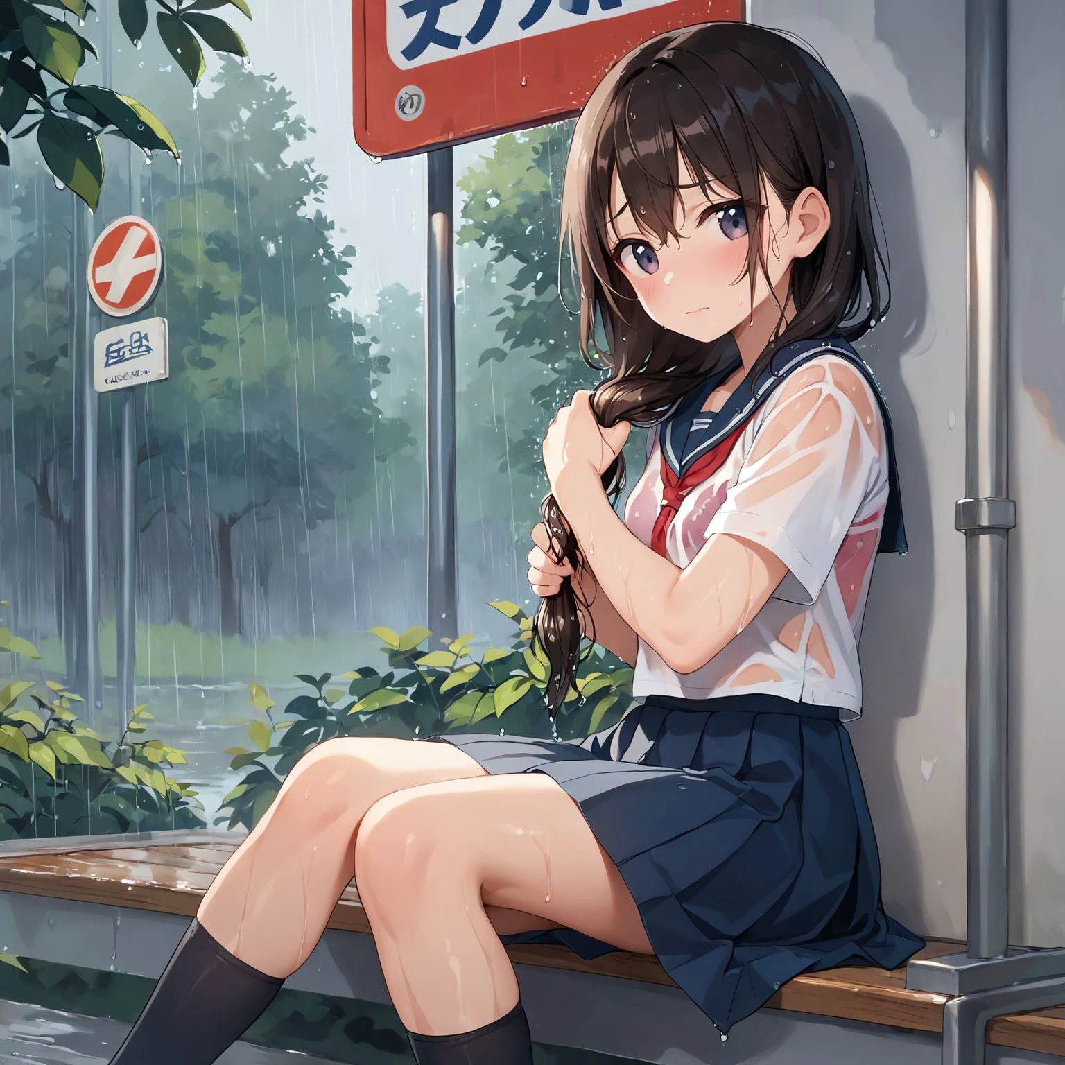 score_9, score_8_up, score_7_up
1girl, outdoors, nature, bus stop, raining, sitting, school uniform
<lora:washinghair:1> washinghair, wringing hair, medium hair, holding own hair, wet hair, wet clothes, bra visible through clothes, looking at viewer, blush, embarrassed