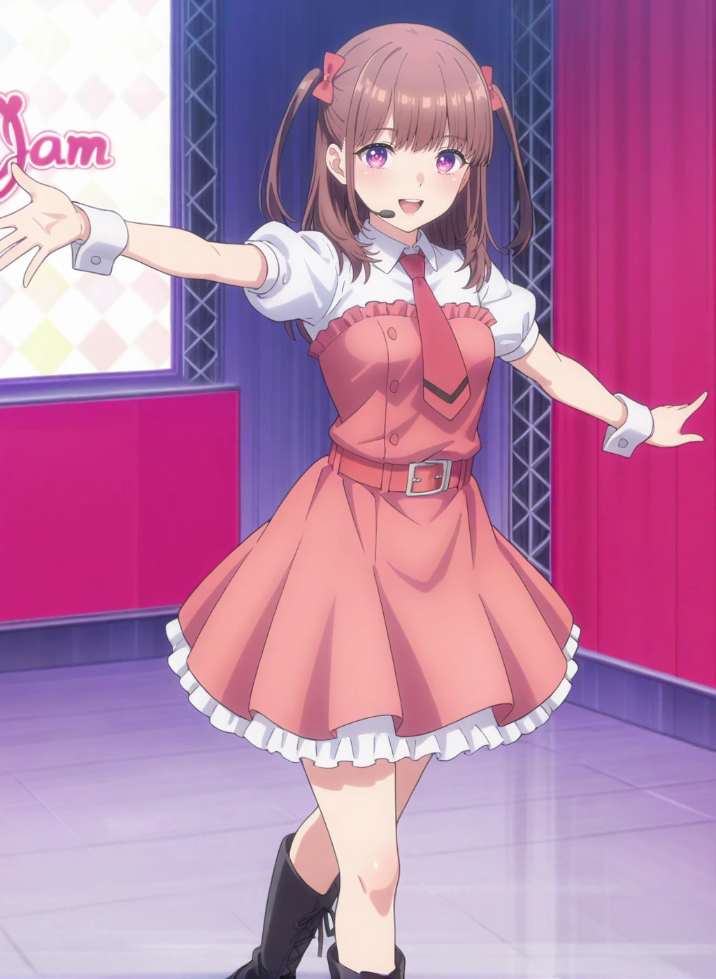 High quality,Ultra detailed,best quality,insanely detailed,beautiful,masterpiece,absurdres,very aesthetic,sensitive BREAK
1girl,solo,<lora:ichii_maina_V1_IL:1>,(ichii_maina, purple eyes, brown hair, long hair, bangs, two side up, hair bow, small breasts),(idol,white shirt,red necktie,puffy short sleeves,collared shirt,belt,dress,boots,frills,pink dress,wrist cuffs,black footwear),oshi ga budoukan itte kuretara shinu,looking_at_viewer,posing,smile,singing,dancing,indoors,<lora:chamjam_stage_V1_IL:1>,stage,chamjam_stage,headset,