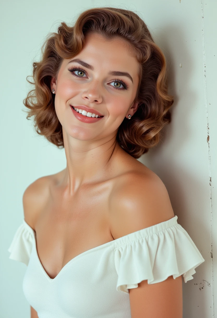headshots, multiple angles,, retro50s_style, photoshoot poses; the image is a portrait of a young woman. she is standing. she has piercing eyes. She is wearing a white off-the-shoulder blouse with ruffled sleeves. She has happy look on her face. she is laughing with her mouth open. The background is a simple white wall. The overall mood of the image is happy.RAW candid cinema,16mm,color graded portra 400 film,remarkable color,ultra realistic,textured skin,remarkable detailed pupils,realistic dull skin noise,visible skin detail,skin fuzz,dry skin,shot with cinematic camera,detailed skin texture,(blush:0.2),(goosebumps:0.3),subsurface scattering,beautiful photograph in the style of Augustus John,Sergio Toppi,Virginia Frances Sterrett,8k HD,detailed skin texture,ultra realistic,textured skin,analog raw photo,cinematic grain,whimsical.perfection style