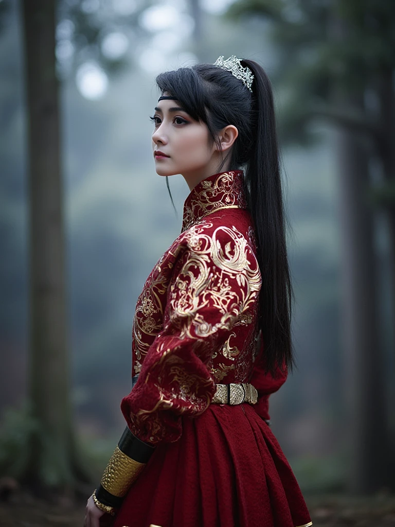 FYF, In a striking and evocative image, is depicted in an exquisite, ethereal tableau set against the backdrop of a moonlit, enchanted forest. The subject, wearing a FYF. The dress is red with gold accents and has a high neckline and long sleeves. She has long dark hair styled in a high bun with a tiara on top.
Her piercing eyes are framed by thick black eyeliner, creating an air of mystery and allure. She stands alone in the center of the frame, The soft glow of the moonlight filters through the trees, casting long shadows and creating a sense of enchantment and wonder, while the emotional tone of the image is one of quiet strength and self-possession, as if she is a queen ruling over her own realm in this dreamlike forest.