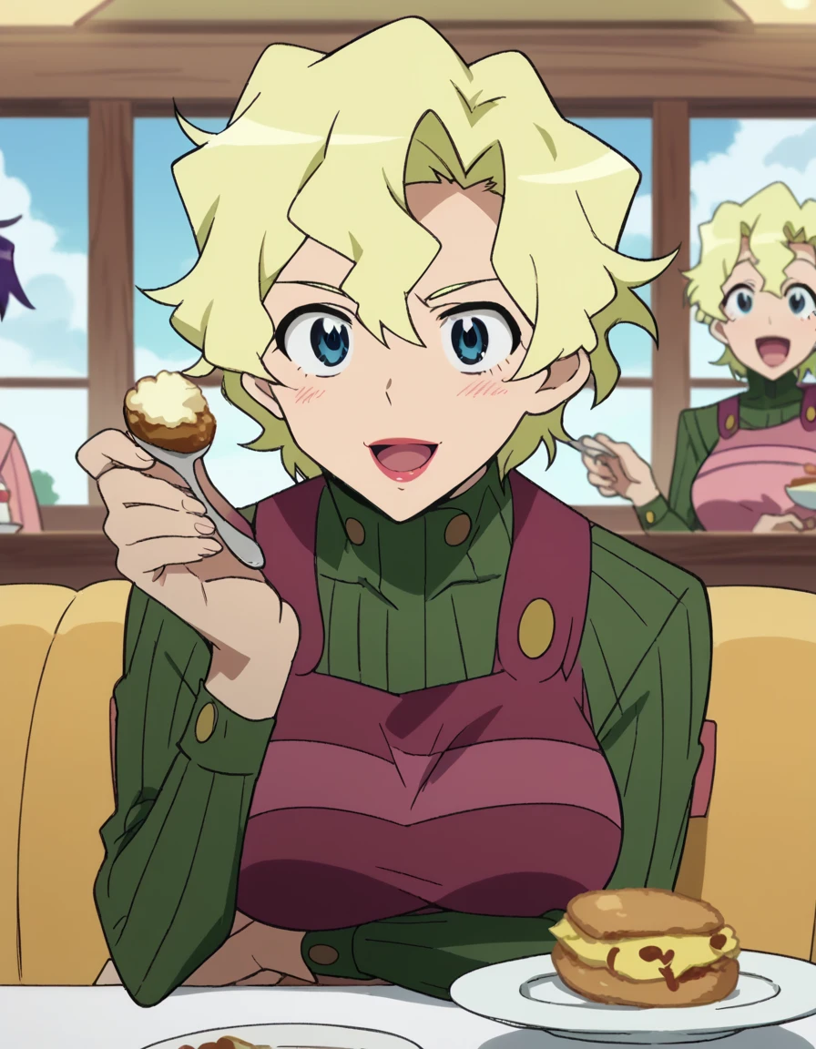 score_9, score_8_up, score_7_up, source_anime, <lora:kiyoh-littner-s1-ponyxl-lora-nochekaiser:1>, kiyoh littner, short hair, blue eyes, blonde hair, lipstick, large breasts, anime screencap, <lora:incoming-spoon-ponyxl-lora-nochekaiser:1> incoming food, spoon, holding, holding spoon, food, looking at viewer, open mouth, blush, smile, restaurant, plate, hand up,, , cowboy shot, solo
