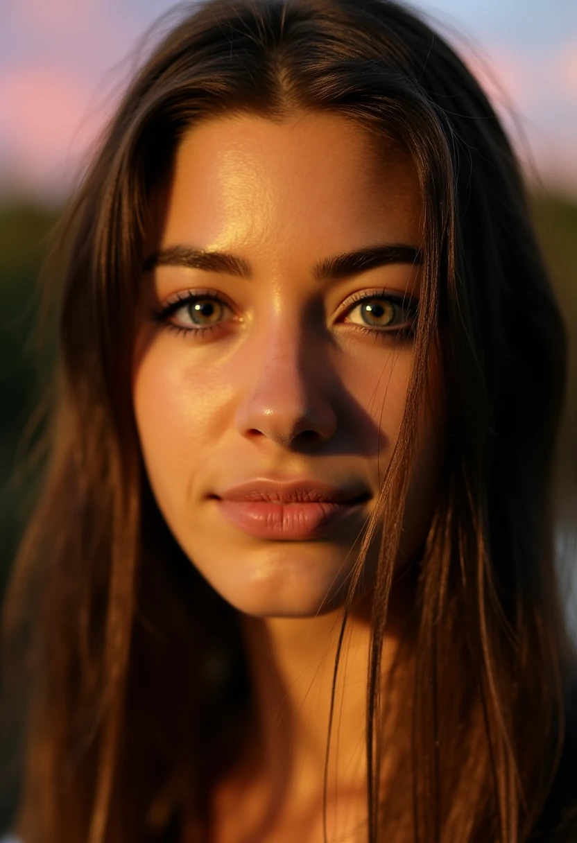 This image is a high-resolution photograph capturing a close-up portrait of a young woman with light olive skin and dark brown, slightly wavy hair. The photograph is taken during sunset, with a warm, golden light illuminating her face and hair, casting gentle shadows. Her facial features are sharp and delicate, with full lips, a small nose, and expressive brown eyes that are slightly squinted, giving her a playful, mischievous look. She has a natural, youthful glow, and her expression is serene yet slightly enigmatic. Her hair partially covers her right eye, adding a sense of intimacy and privacy. The background is out of focus, but it appears to be a blurred outdoor setting, possibly a garden or park, with hints of greenery and a soft gradient of pink and orange hues from the setting sun. The texture of her skin is smooth, and her hair appears soft and slightly tousled, suggesting she might have just come from an outdoor activity. The overall mood of the photograph is warm and intimate, with a focus on natural beauty and the interplay of light and shadow. B4RB0R4S