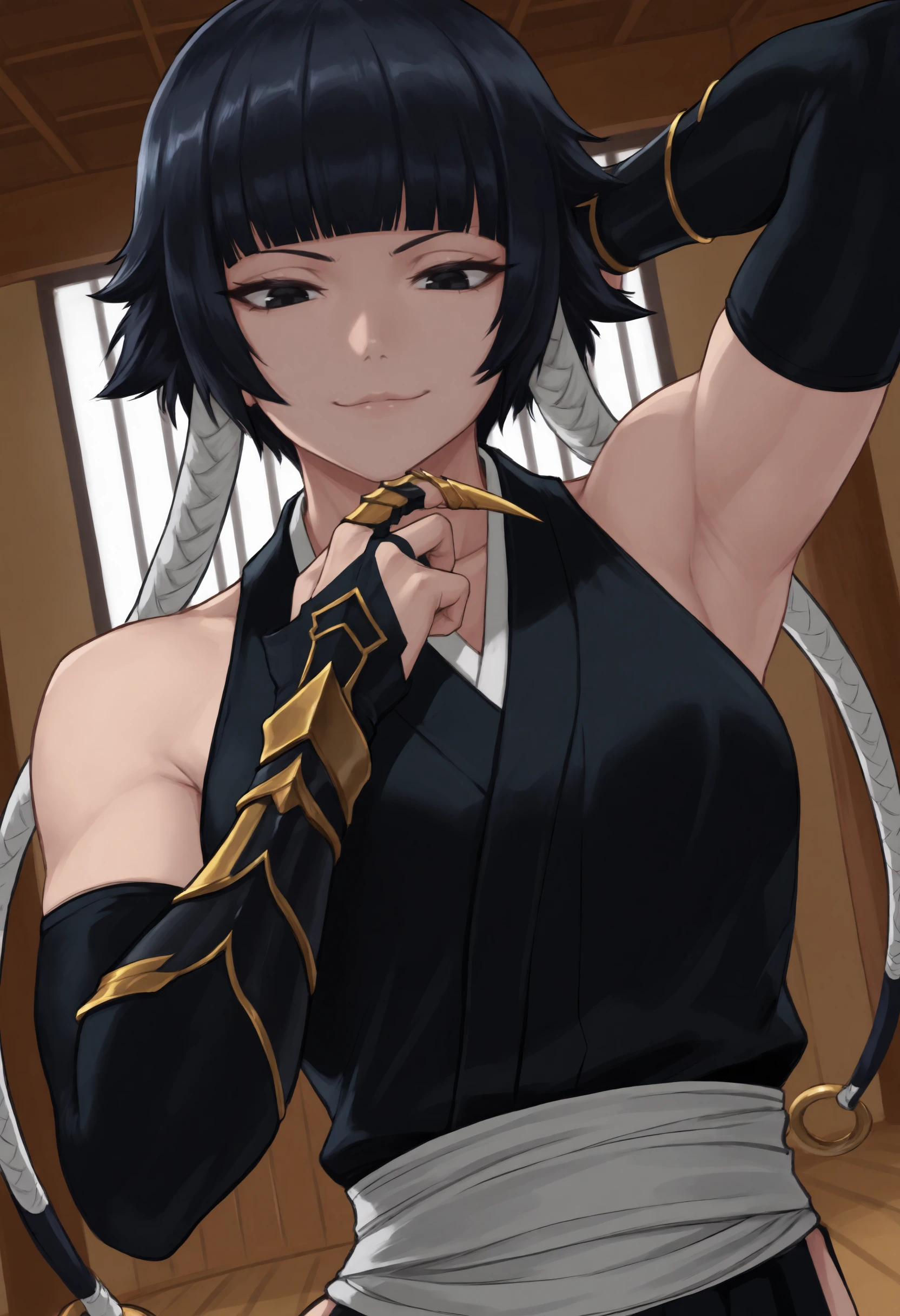 masterpiece, best quality, 1girl, toned,
medium breasts, black hair, japanese clothes, armpits, short hair with long locks, black haori, looking at viewer, black eyes, arm up,holding weapon, blunt bangs, arm behind head, detached sleeves, standing, bridal gauntlets, looking down, hair rings, twin braids, weapon, claw ring, dojo, indoors,
seductive smile,( close-up, portrait:1.3), upper body,
<lora:Sfng_idxl_EliPot:1>