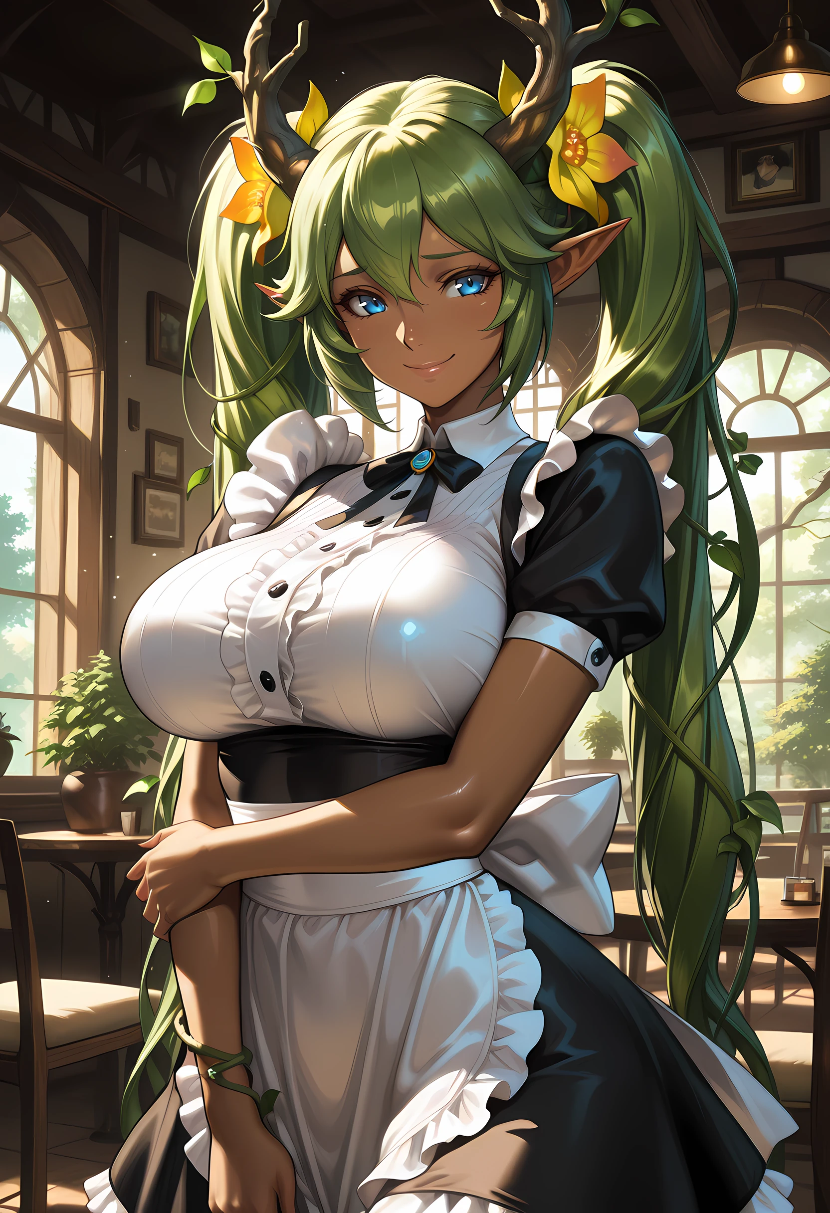 Smooth Quality - Illustrious, Masterpiece, source_anime, woman, pretty, beautiful, slim, curvy, pointy ears, dryad girl, dryad, plant girl, monster girl, tan skin, brown skin, small tree branch horns, flowers in hair, vines around arms, blue eyes, green hair, twin tails, lips, large breasts, shy smile, maid outfit, maid dress, maid skirt, pose, unique pose, cafe, inside, plants, indoor plants, vivid colors, shiny and glossy, anime style, high-res, beautiful aesthetic, very intricate, high-quality details, vibrant, highly detailed, award-winning, professional,