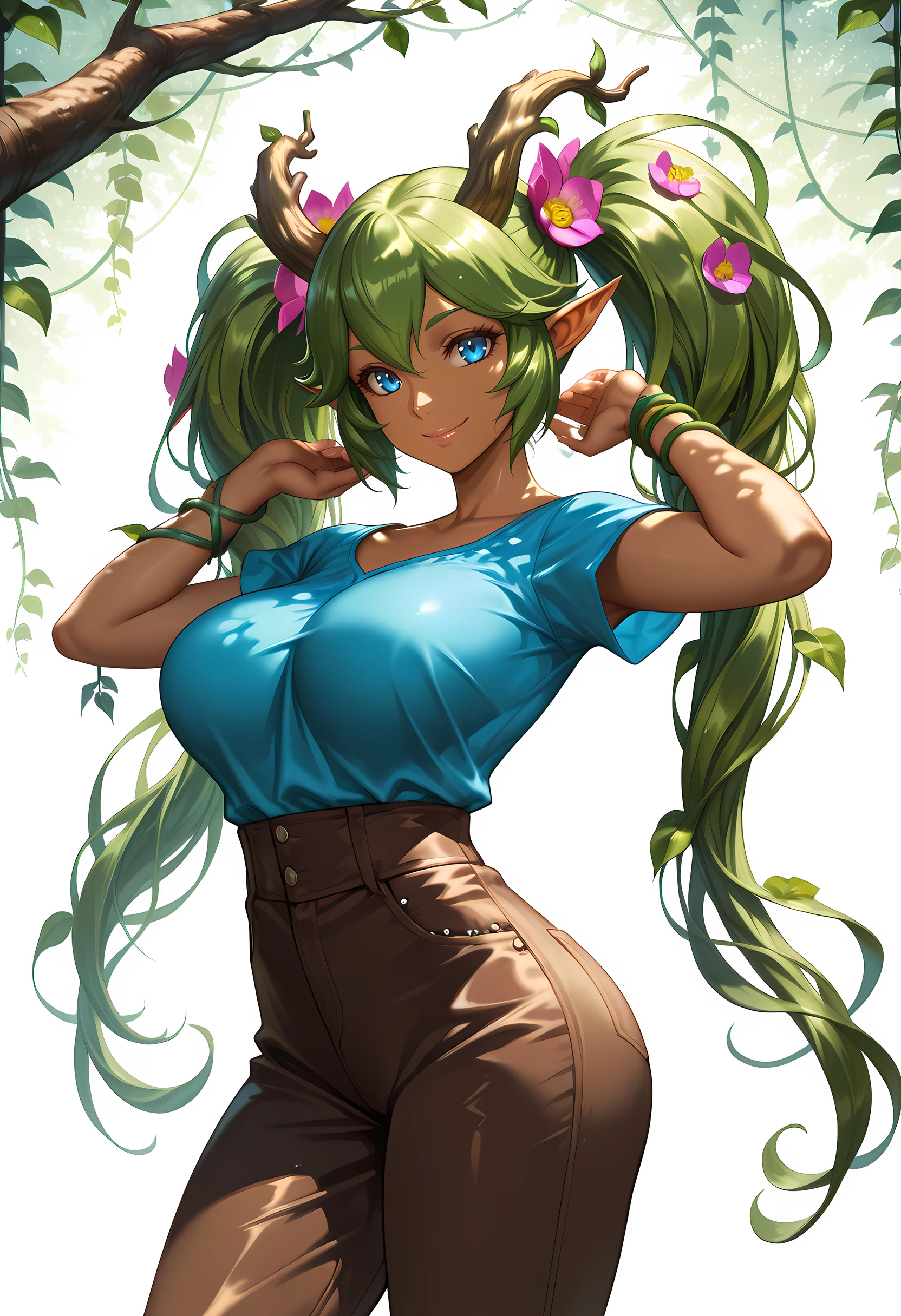 Smooth Quality - Illustrious, Masterpiece, source_anime, woman, pretty, beautiful, slim, curvy, pointy ears, dryad girl, dryad, plant girl, monster girl, vines around arms, tan skin, brown skin, small tree branch horns, flowers in hair, blue eyes, green hair, twin tails, lips, large breasts, smile, blue shirt, brown pants, posing, unique pose, white background, neutral background, plain background, vivid colors, shiny and glossy, anime style, high-res, beautiful aesthetic, very intricate, high-quality details, vibrant, highly detailed, award-winning, professional,