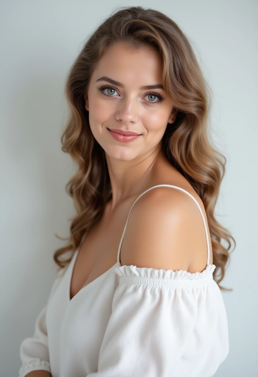 headshots, multiple angles,photoshoot poses; the image is a portrait of a young woman. she is standing. she has piercing eyes. She is wearing a white off-the-shoulder blouse with ruffled sleeves. She has happy look on her face. she is laughing with her mouth open. The background is a simple white wall. The overall mood of the image is happy.RAW candid cinema,16mm,color graded portra 400 film,remarkable color,ultra realistic,textured skin,remarkable detailed pupils,realistic dull skin noise,visible skin detail,skin fuzz,dry skin,shot with cinematic camera,detailed skin texture,(blush:0.2),(goosebumps:0.3),subsurface scattering,beautiful photograph in the style of Augustus John,Sergio Toppi,Virginia Frances Sterrett,8k HD,detailed skin texture,ultra realistic,textured skin,analog raw photo,cinematic grain,whimsical.perfection style