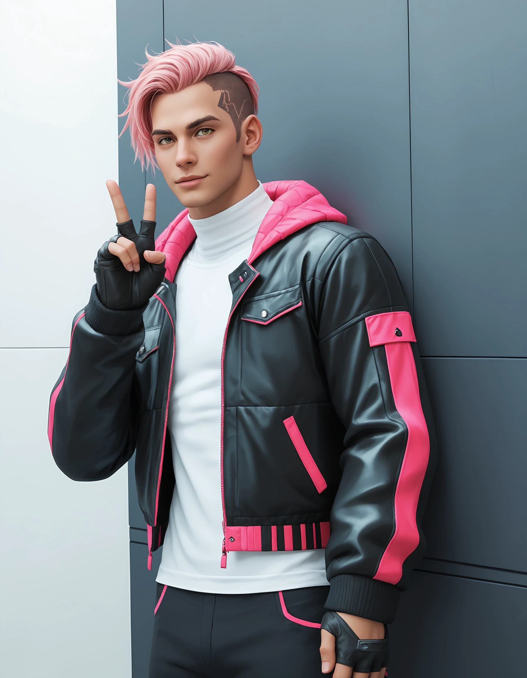 score_9, score_8_up, score_7_up, score_6_up, score_5_up, score_4_up, V4NGU4RD, solo, 1boy, male focus, gold eyes, pink hair, hyur, gloves, fingerless gloves, portrait, against wall, looking at viewer, jacket, bolero, shirt, cyberpunk, techwear, <lora:69d37ce4-88b9-407f-910d-7a7c935ab51d:0.7>