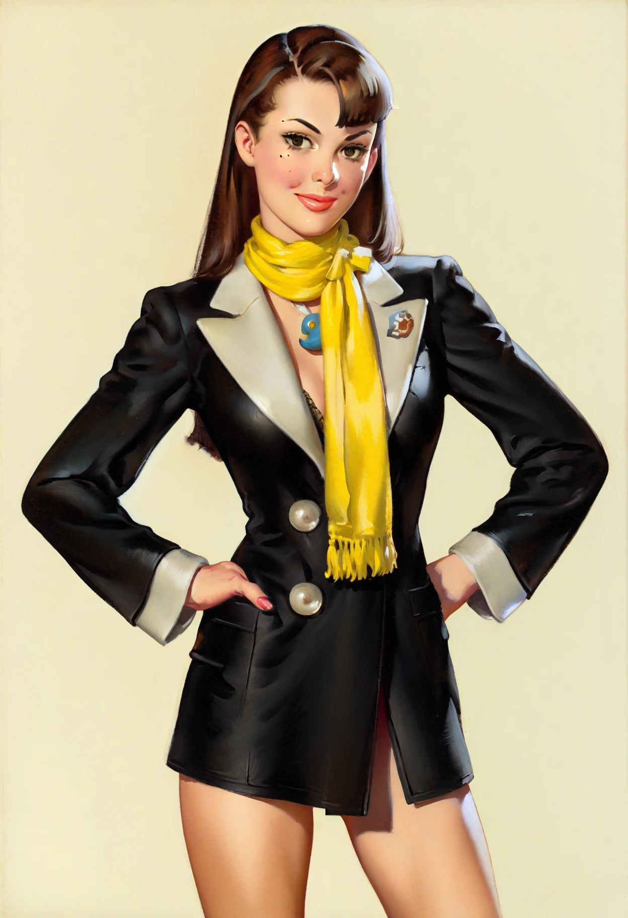 (back view),((ultra realistic illustration:1.3)), (glamour:1.2).Beautiful 20 yo Mediterranean woman, beautiful athletic figure, shapely toned legs, perfect round ass, natural perky breasts,(abs), long dark hair, green eyes. (joy:1.4), sweet smile, Mascara, red lipstick, yellow jacket, black dress, high heels. sunglasses. Daytime in a United States metropolis. Masterpiece, (highly detailed:1.2),(detailed face and eyes:1.2), 8k wallpaper, natural lighting. core shadows, high contrast, bokeh.