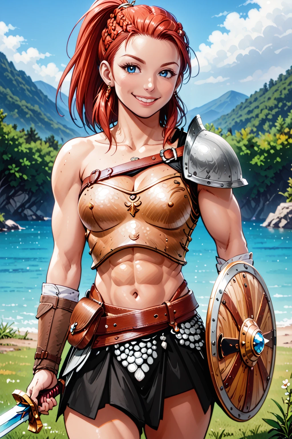 score_9, score_8_up, score_7_up, masterpiece, high quality, extreme detail, absurdres, (detailed skin texture) BREAK
<lora:MireillePonyLora:1>mireille, short hair, ponytail, braids, chest belt, breastplate, single pauldron, single bare shoulder, arm guards, belt, kilt, pouch, faulds, chainmail, holding sword, shield, smile
