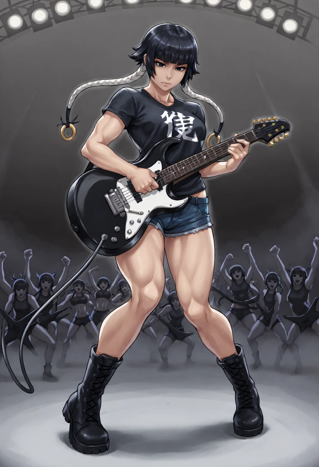 masterpiece, best quality, 1girl, toned,
black hair, short hair with long locks, black eyes, blunt bangs, hair rings, twin braids,
band tee, denim shorts, combat boots, electric guitar, rocking pose, stage lights, fog machine, cheering crowd, dynamic energy, music festival,
<lora:Sfng_idxl_EliPot:1>