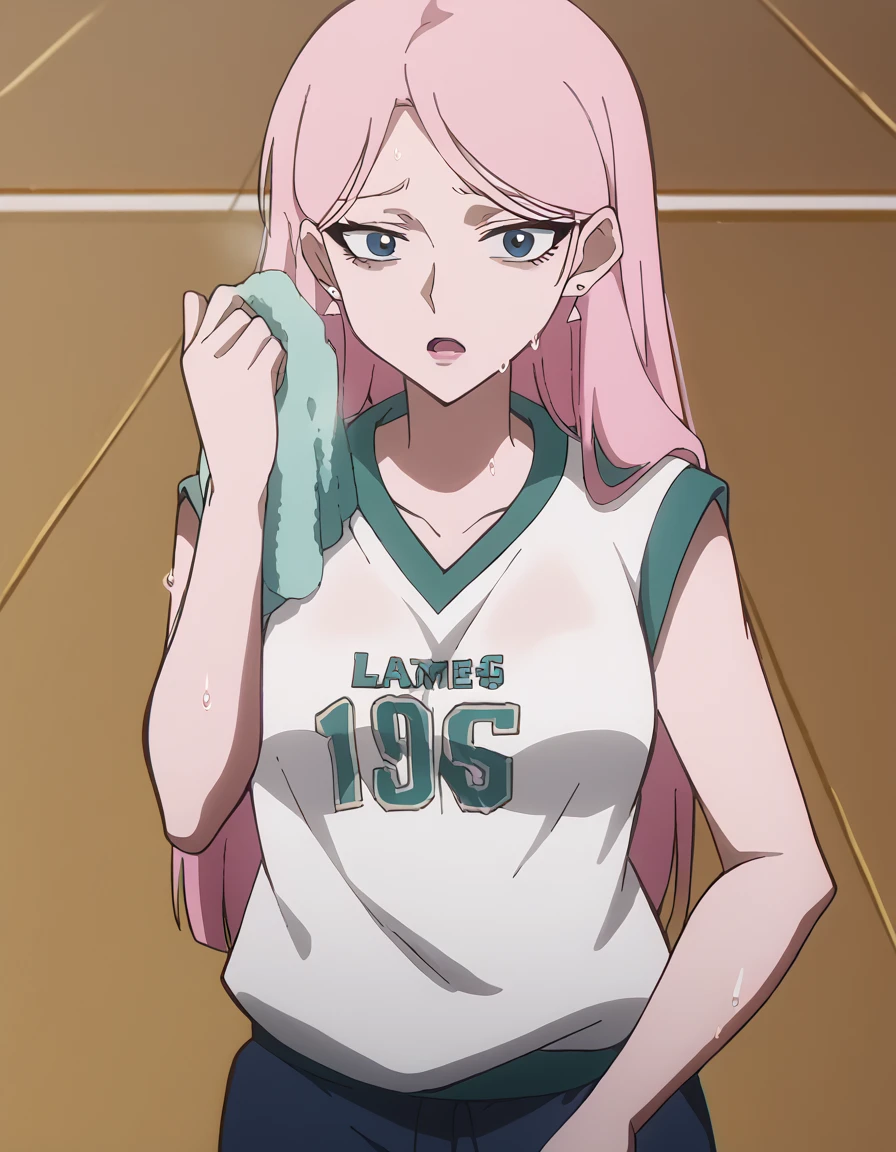 score_9, score_8_up, score_7_up, source_anime, <lora:lan-liu-s2-ponyxl-lora-nochekaiser:1>, lan liu, long hair, bangs, blue eyes, pink hair, hair behind ear, medium breasts, mature female, anime screencap, <lora:basketball-uniform-ponyxl-lora-nochekaiser:1> basketball uniform, basketball jersery, sportswear, jersey, shorts, sleeveless,, audience, gym, sweat, open mouth, steam, <lora:wiping-towel-ponyxl-lora-nochekaiser:1> wiping sweat, towel, holding, sweat, holding towel, looking at viewer, open mouth,, cowboy shot,, , cowboy shot, solo