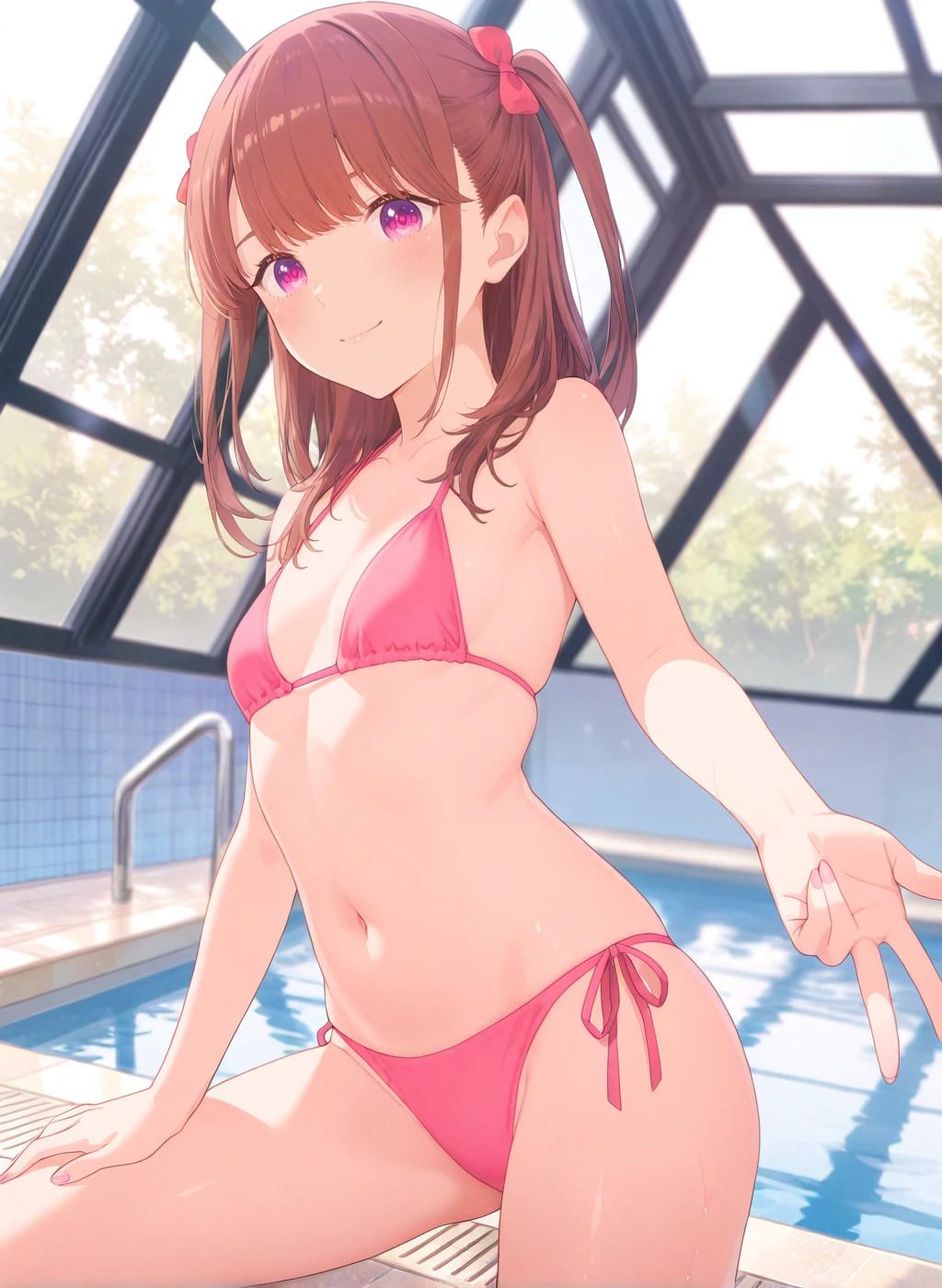 2d, masterpiece, best quality, anime, highly detailed, cowboy shot, 1girl, solo, midriff, pool, standing, outdoors, smile,poolside, male swimwear,topless,flat_chest,embarassed,breast_covering,covering_nipple,swim_trunks,male_swimwear_challenge,