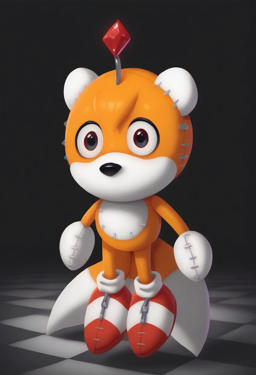 score_9, score_8_up, score_7_up, (best quality:1.1, tall), ultra-detailed, high resolution, 8k, Tails Doll, orange skin, wide eyes, black pupils, no mouth, metal antenna with red orb, stitches, gray zipper on back, white gloves, red shoes, floating, black background, red and white chessboard floor, BREAK outside, Rich, Detailed background, ambient light