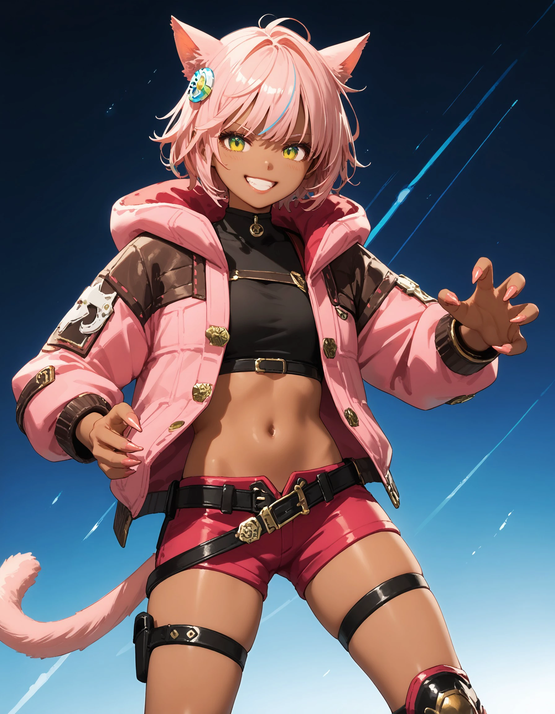score_9, score_8_up, score_7_up, score_6_up, score_5_up, score_4_up, BL4CKC4TD5K, solo,hair ornament,upper body,cat ears,dark skin,regulator,green yellow eyes,jacket,lips,pink jacket,red shorts,knee pads,dynamic pose,grin, claws, navel, <lora:3b3da377-9f27-4a25-8dd4-94585a8a4fc9:0.7>