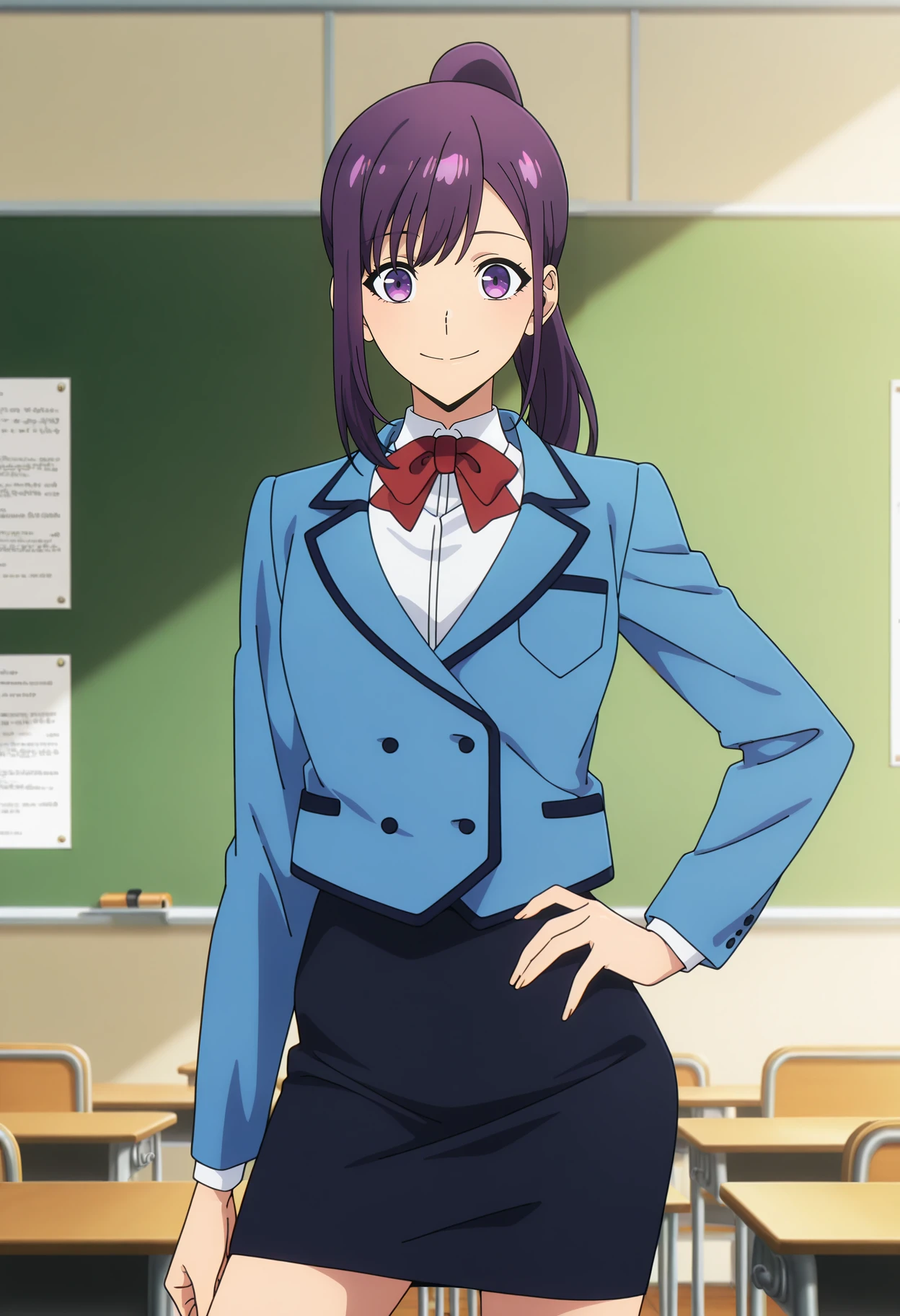 anime screencap, masterpiece, best quality,
<lora:SoloLeveling_SungJinah_IlluXL:0.9>,
1girl, solo, closed mouth, smile,
purple hair, purple eyes, high ponytail,
JinahSchool, blazer, blue jacket, buttons, red bowtie, collared shirt, white shirt, pencil skirt, black skirt,
hand on own hip, arm at side, contrapposto, looking at the viewer, cowboy shot,
indoors, classroom