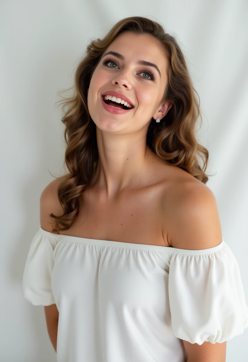 headshots, multiple angles,photoshoot poses; the image is a portrait of a young woman. she is standing. she has piercing eyes. She is wearing a white off-the-shoulder blouse with ruffled sleeves. She has happy look on her face. she is laughing with her mouth open. The background is a simple white wall. The overall mood of the image is happy.RAW candid cinema,16mm,color graded portra 400 film,remarkable color,ultra realistic,textured skin,remarkable detailed pupils,realistic dull skin noise,visible skin detail,skin fuzz,dry skin,shot with cinematic camera,detailed skin texture,(blush:0.2),(goosebumps:0.3),subsurface scattering,beautiful photograph in the style of Augustus John,Sergio Toppi,Virginia Frances Sterrett,8k HD,detailed skin texture,ultra realistic,textured skin,analog raw photo,cinematic grain,whimsical.perfection style